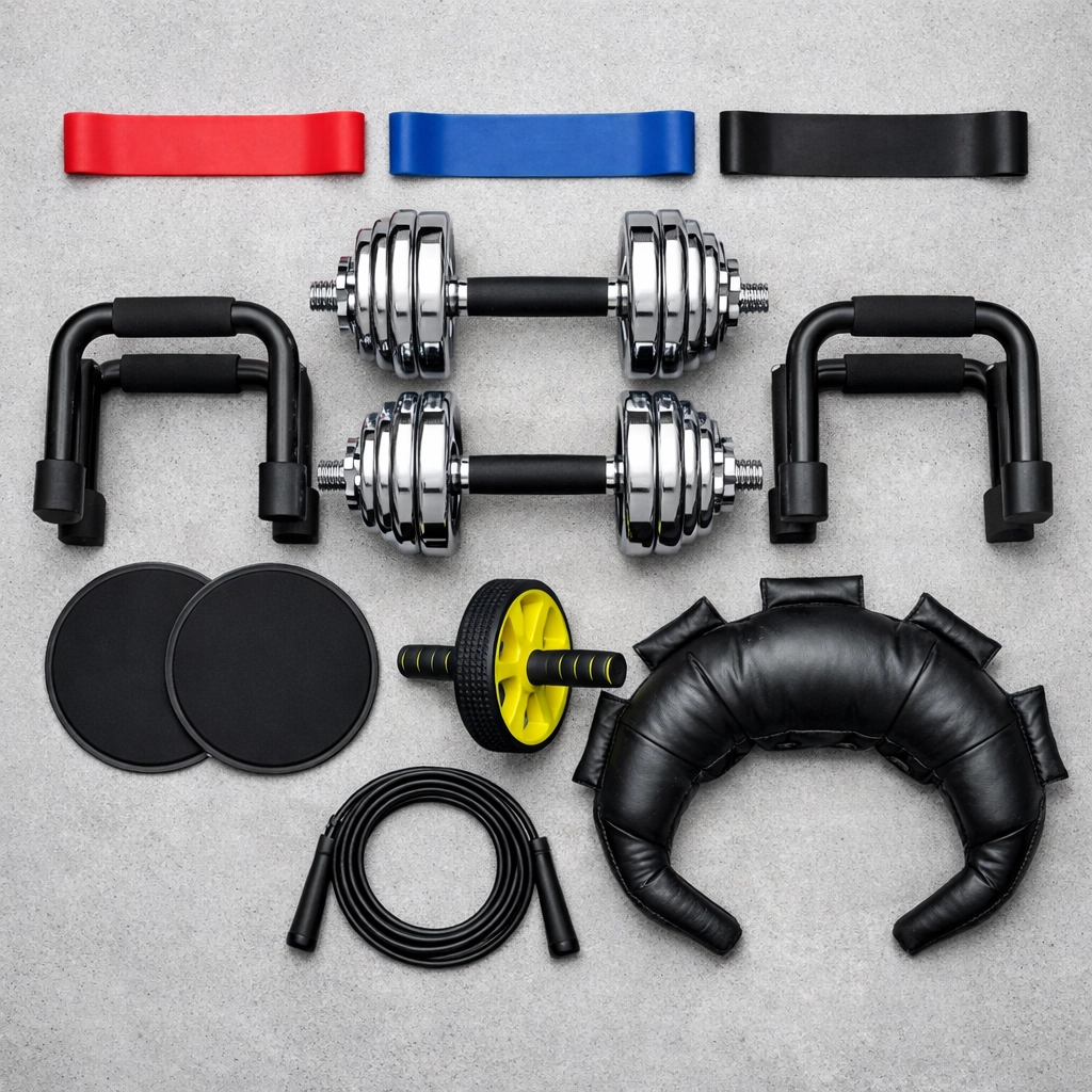 Space-saving home gym equipment including adjustable dumbbells, resistance bands, and ab wheel