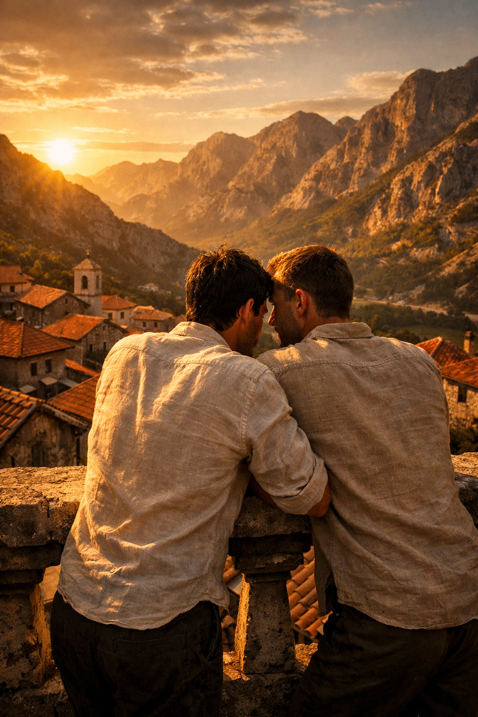 Gay couple on a balcony in the Dinaric Alps, illustrating heartfelt MM romance stories set in the Balkans.