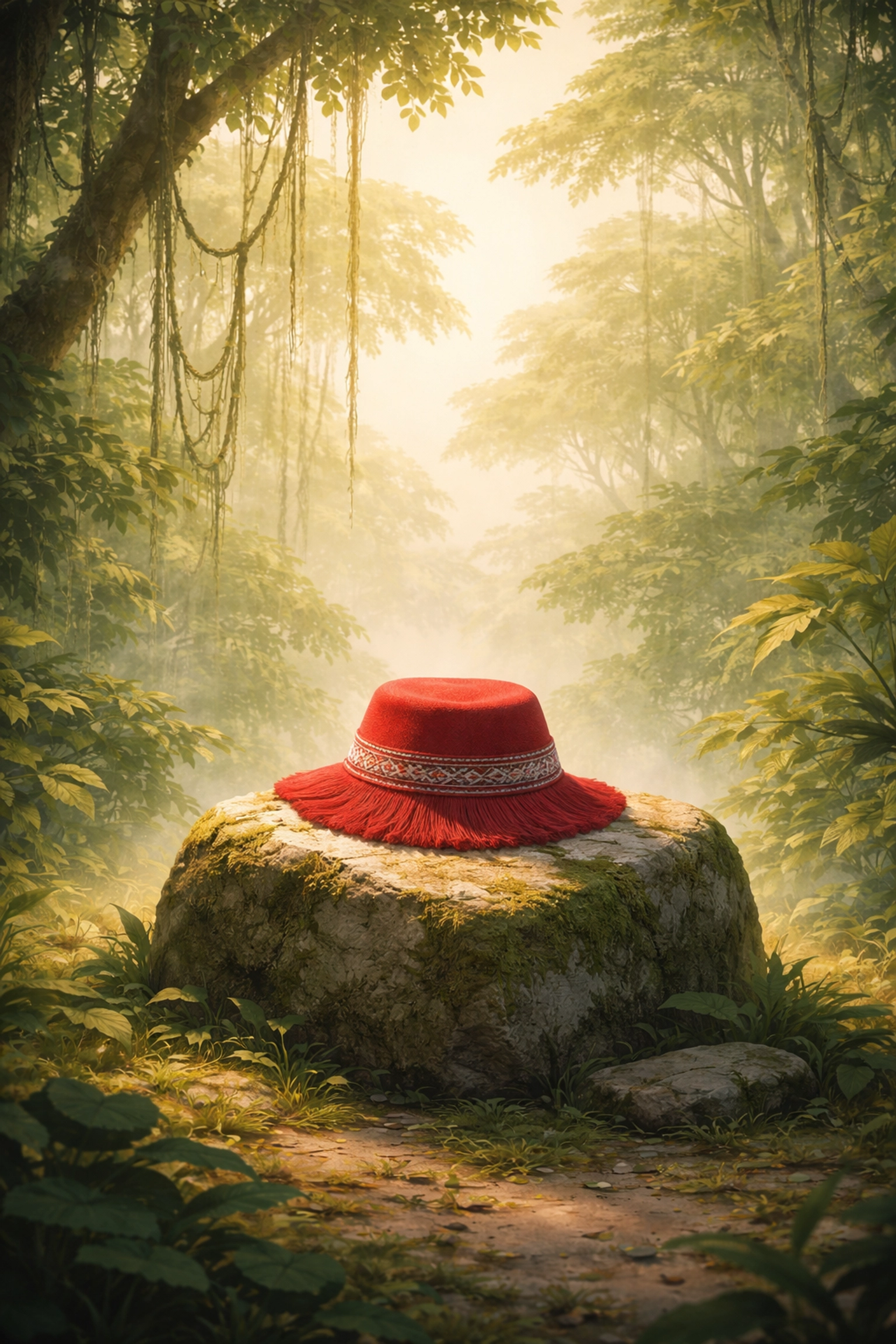 Paddington’s iconic red hat on a mossy stone in a misty Peruvian jungle, symbolizing roots and belonging