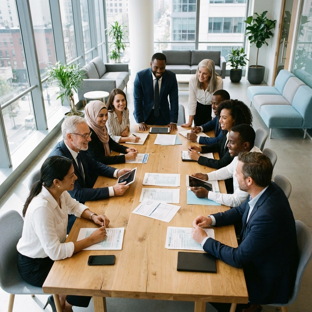 Business professionals discussing tax documents and planning under new OBBB tax rates for 2026.