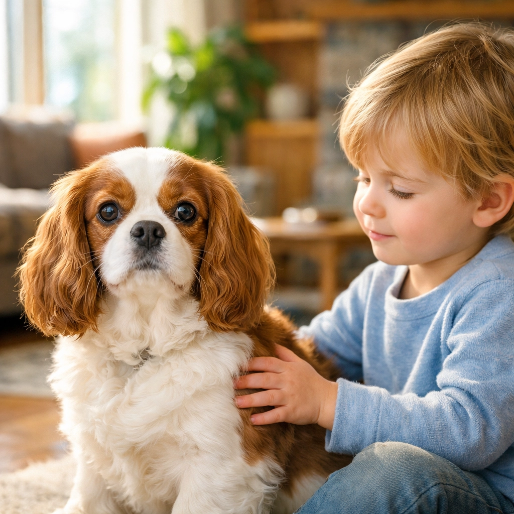 Therapy-quality Cavalier King Charles Spaniel with a calm temperament sitting with a child in Oregon.