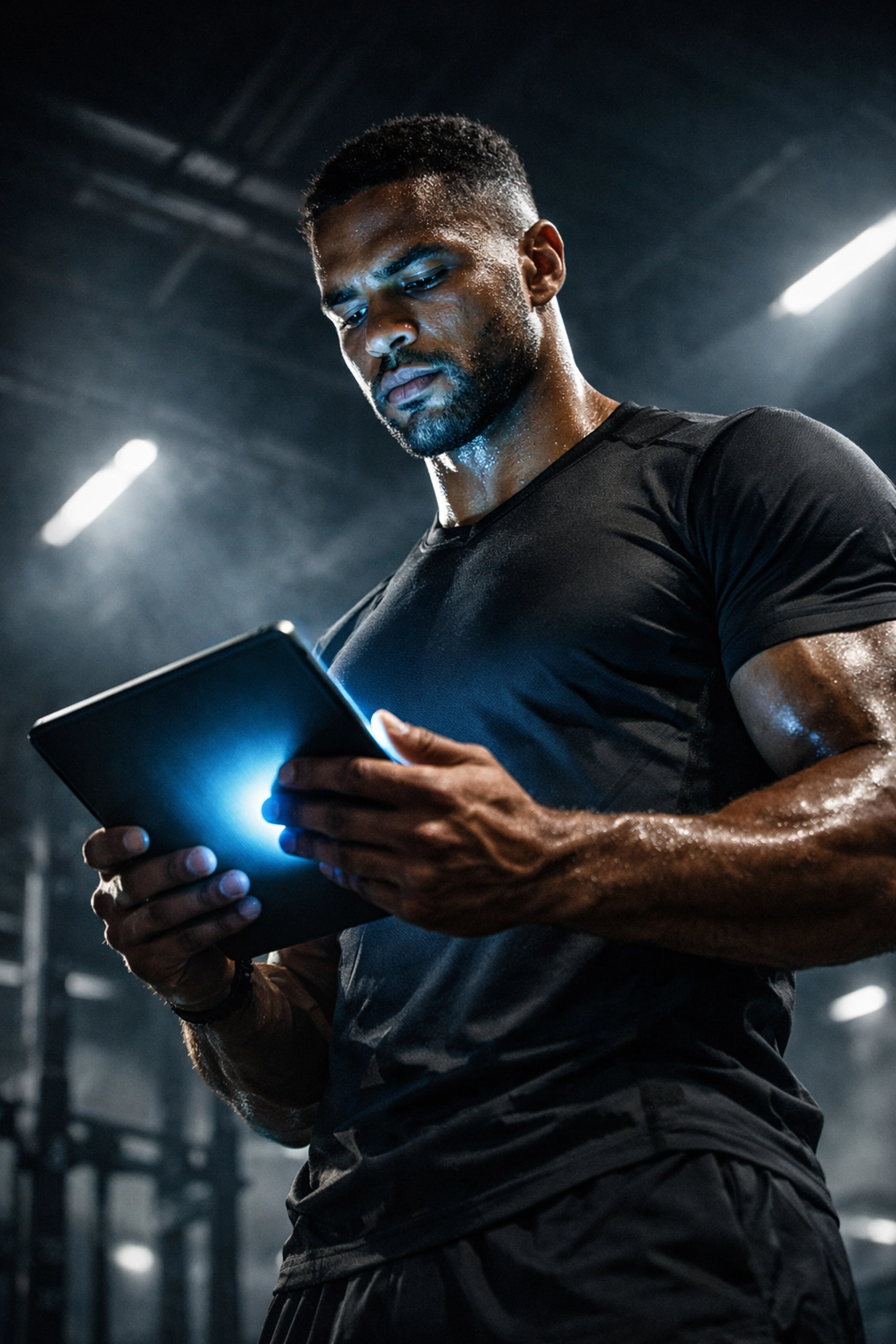 Professional athlete using a digital tablet to manage NIL branding and social media storytelling for the Big Game.