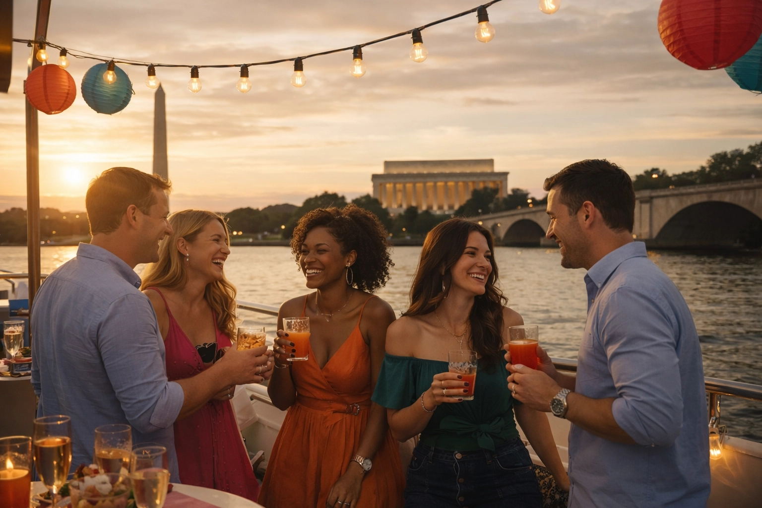 Birthday celebration on Potomac River cruise with DC monuments at sunset