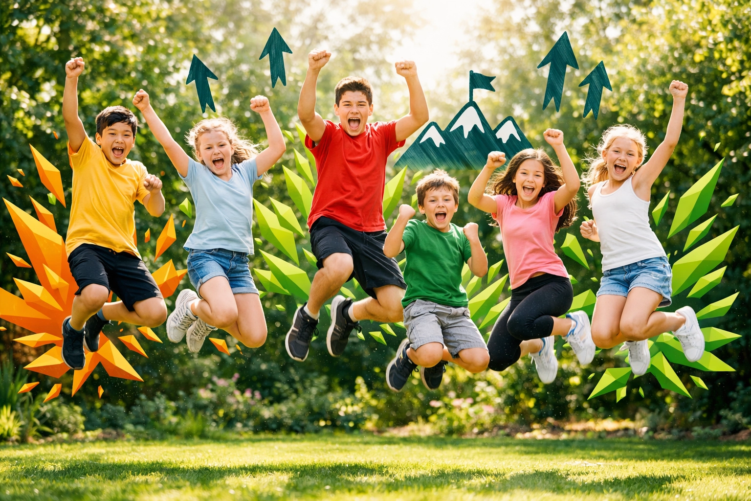 Kids and teens jumping for joy, celebrating character growth during the Easter Life Skills Bootcamp.