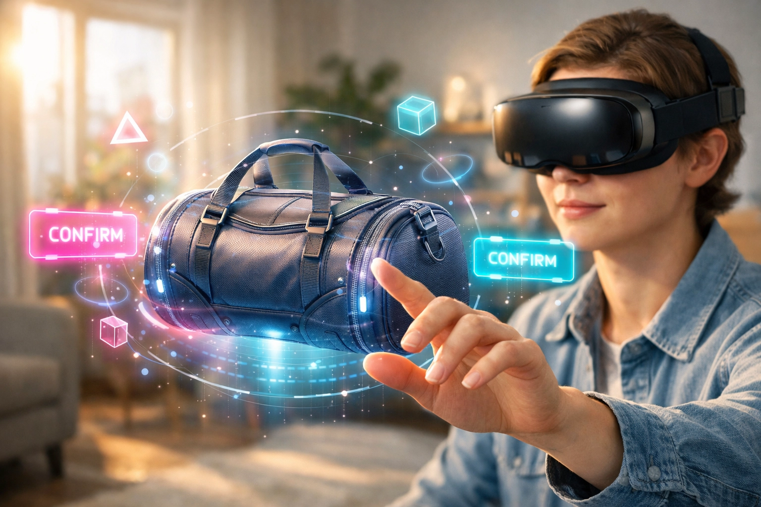 Immersive metaverse shopping experience with AI-powered Larecoin payments using a VR headset.