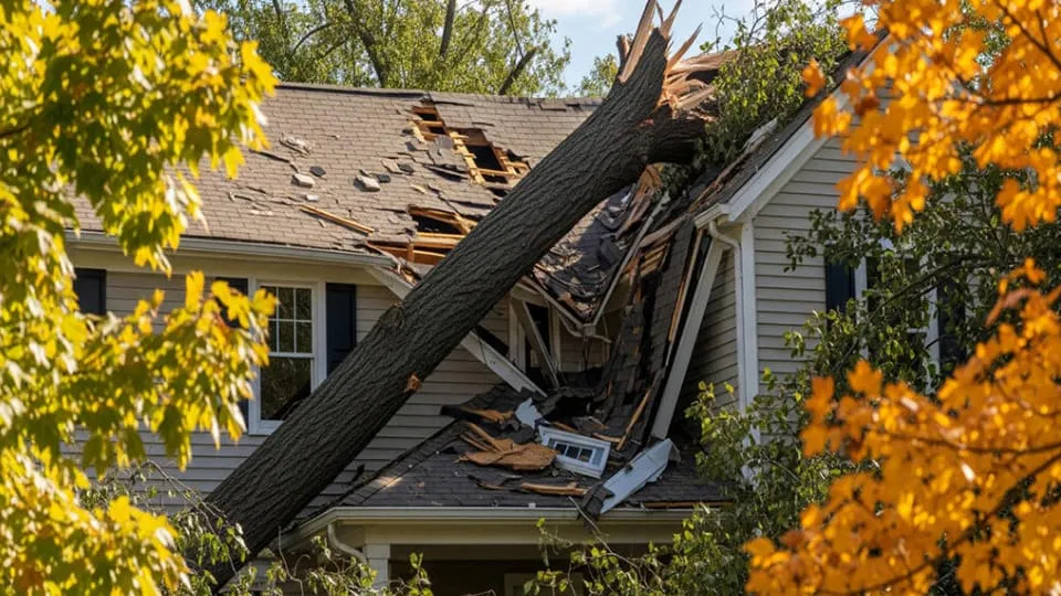 Severe storm damage with a fallen tree on a residential roof