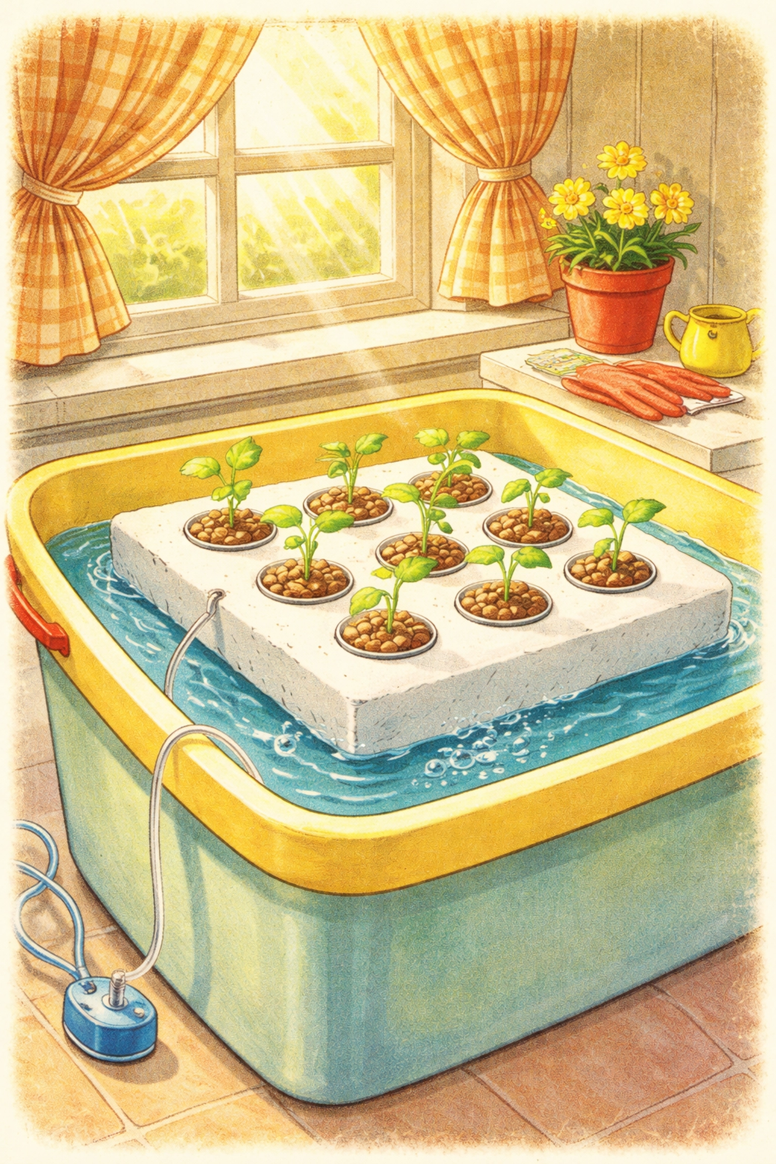 Finished floating raft garden with young plant seedlings growing in net cups above bubbling water in a sunny room