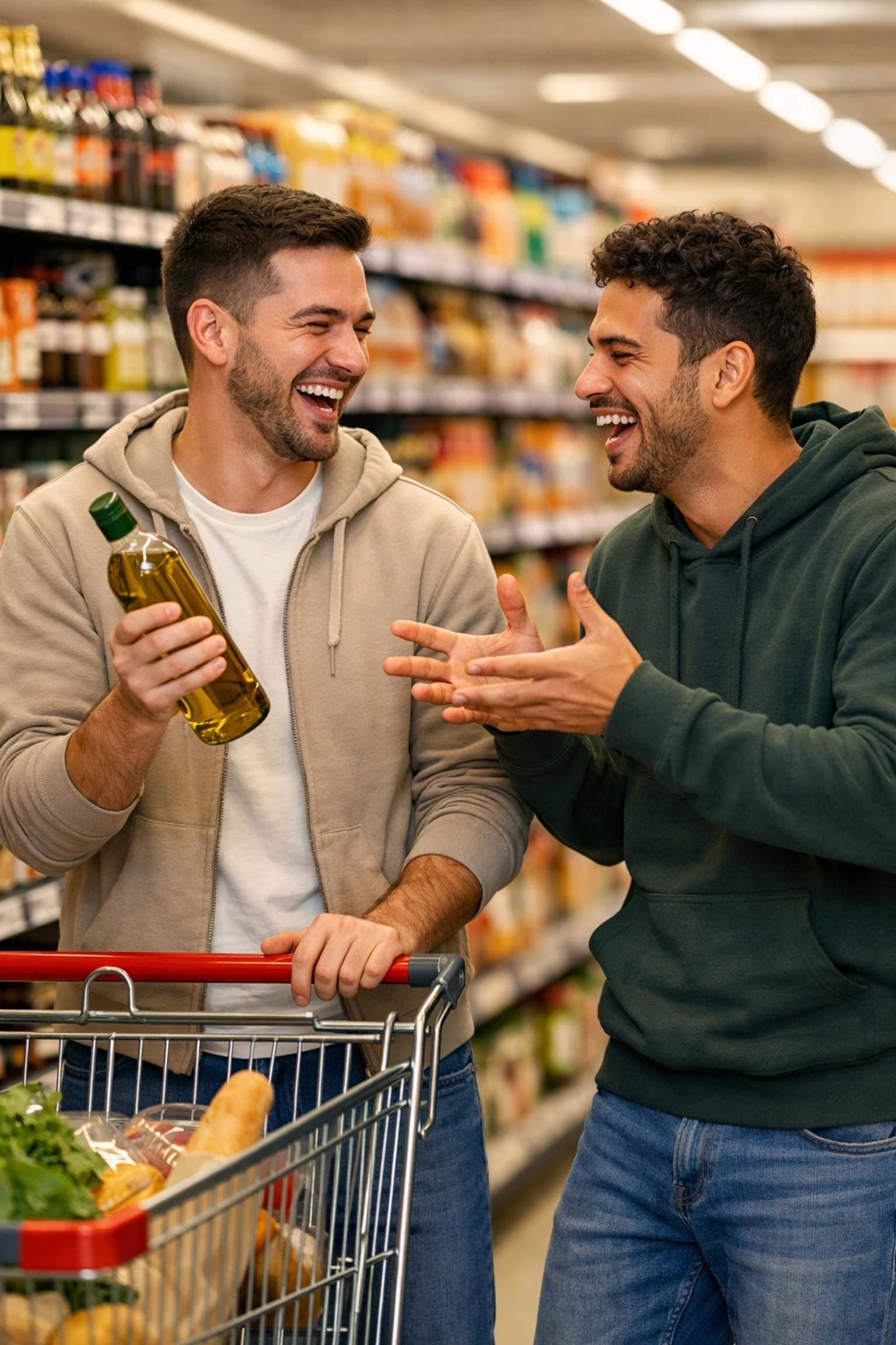 Gay couple grocery shopping together, laughing over everyday choices - LGBTQ daily life happiness