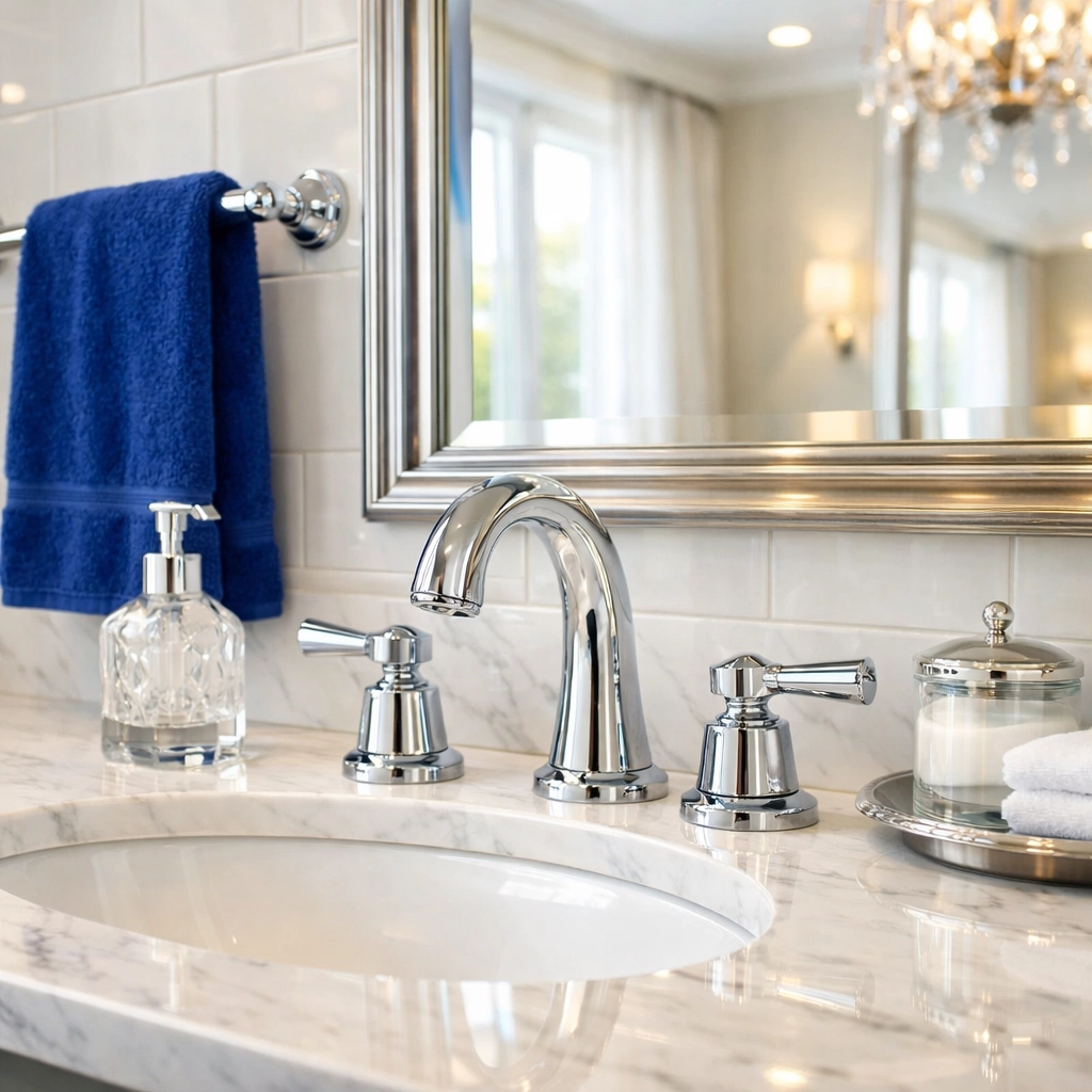 Polished luxury bathroom vanity with sparkling chrome fixtures and a streak-free mirror after renovation.