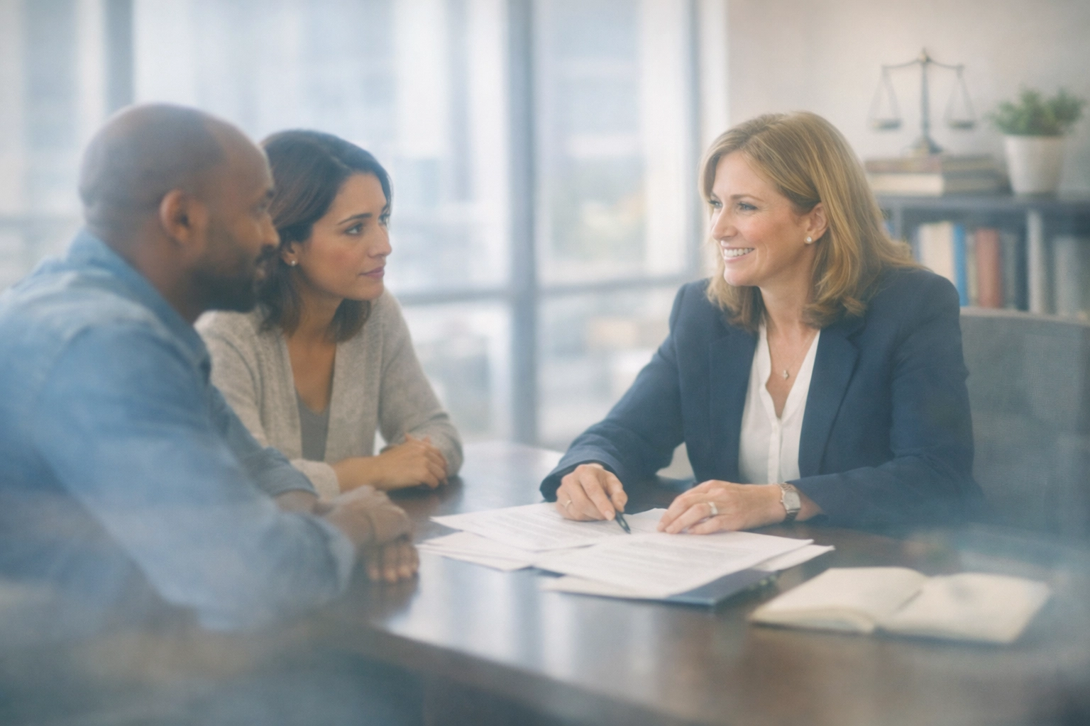 Divorce attorney consulting with couple in Virginia Beach law office about their case