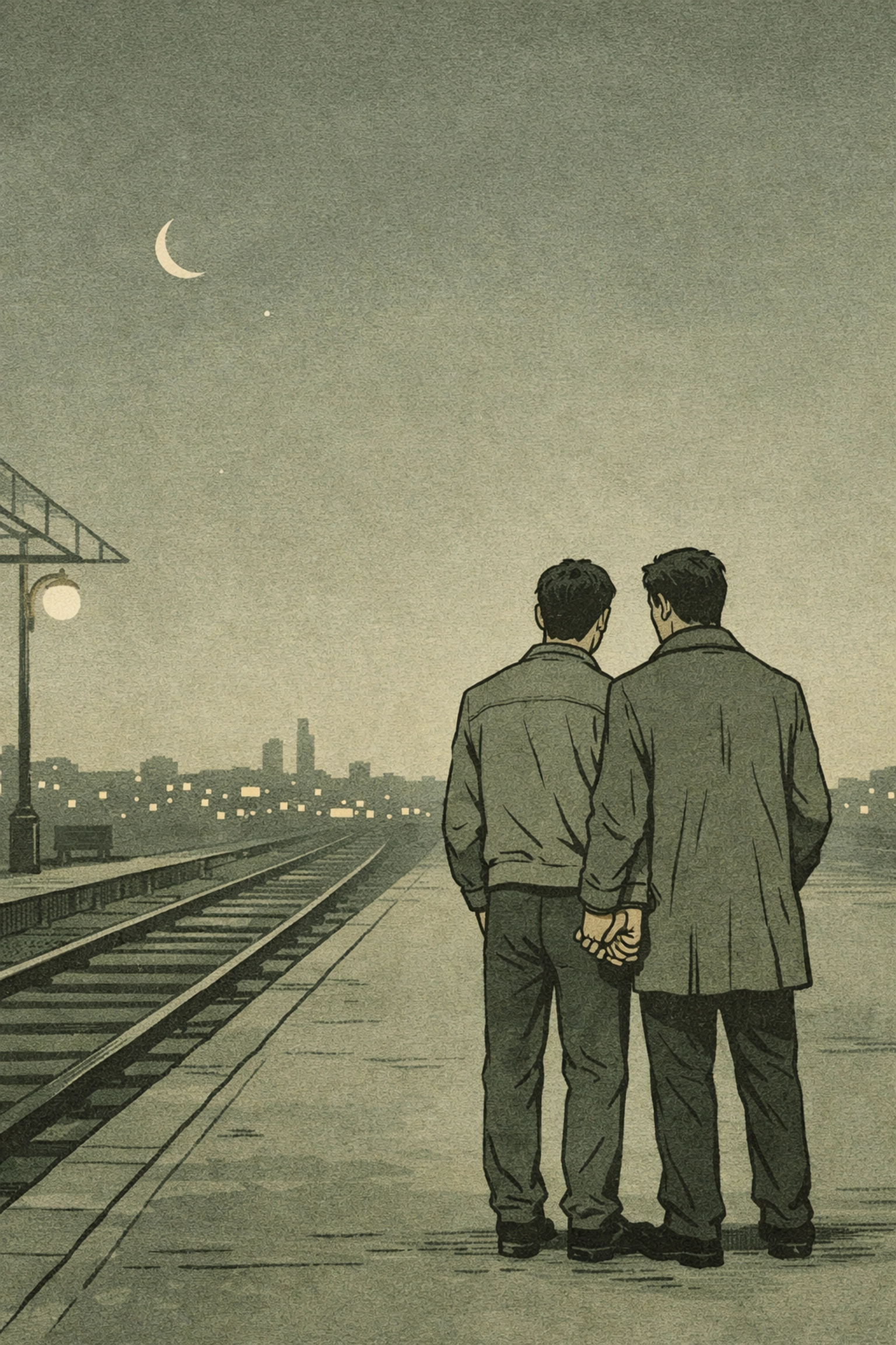 Two men holding hands on a train platform, depicting emotional depth in gay life in Japan novels.