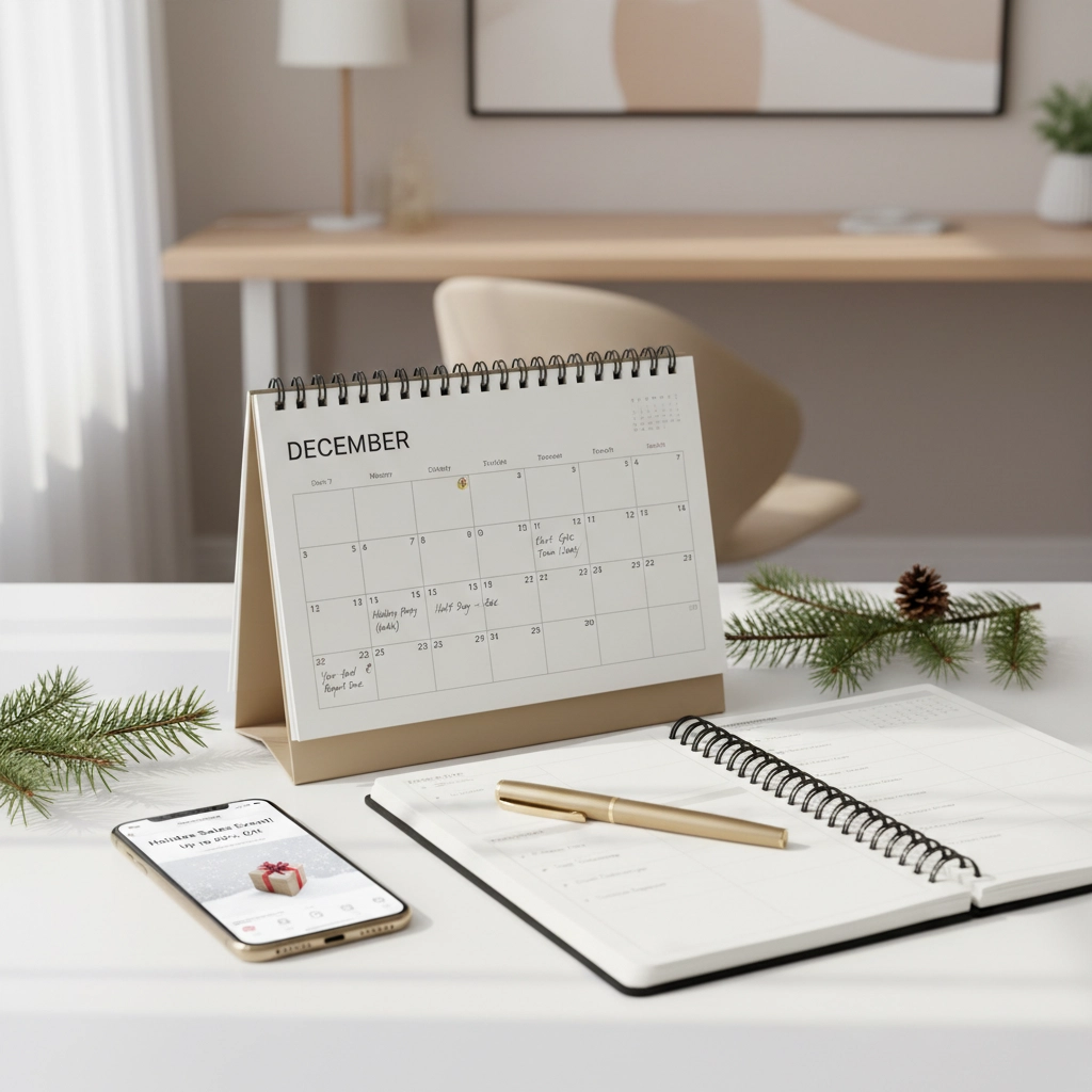 December calendar on desk with open planner and gold pen. Smartphone shows a sale event. Pine branches add a festive touch. Neutral decor.