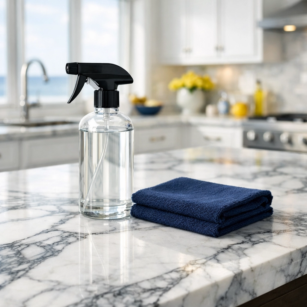 Luxury cleaning using eco-friendly products on a marble kitchen countertop in a Cohasset Harbor home.