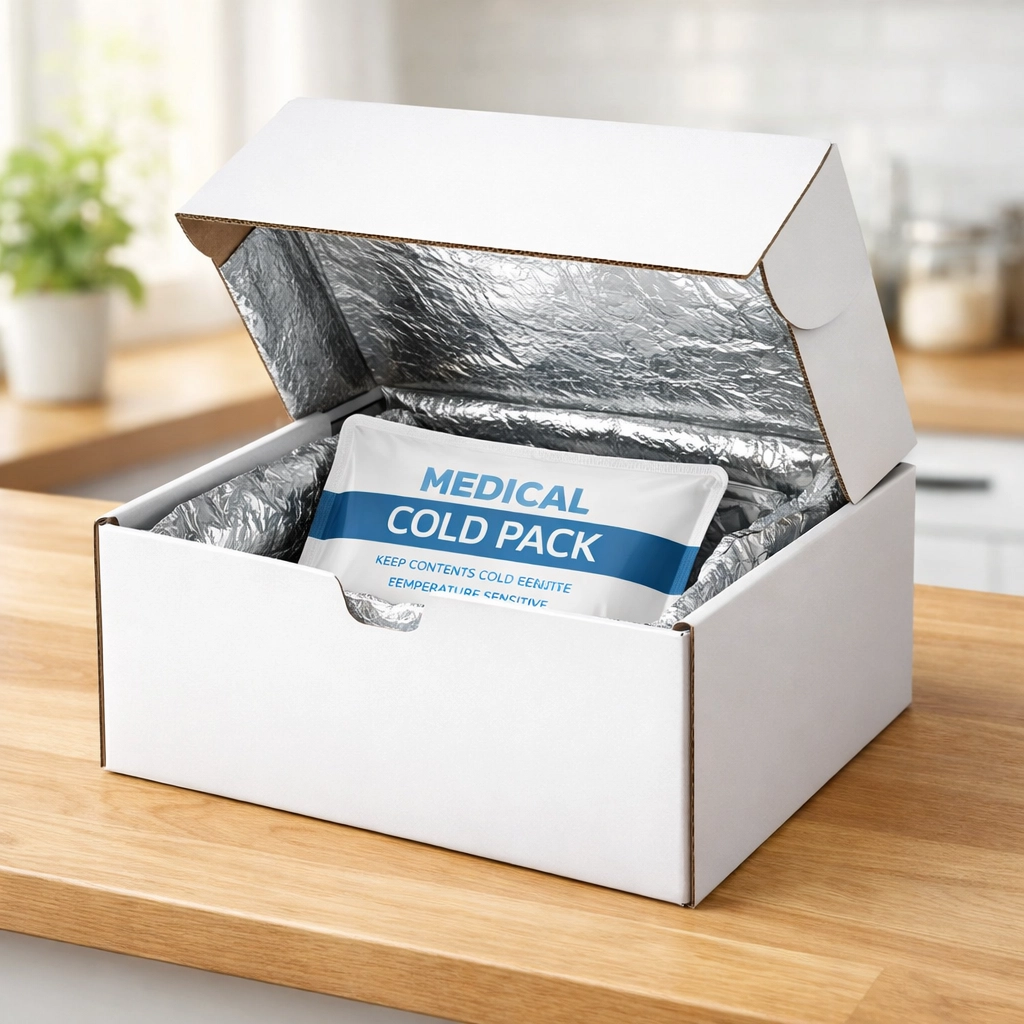 Discreet temperature-controlled medical shipping box for weight loss treatments on a kitchen counter.
