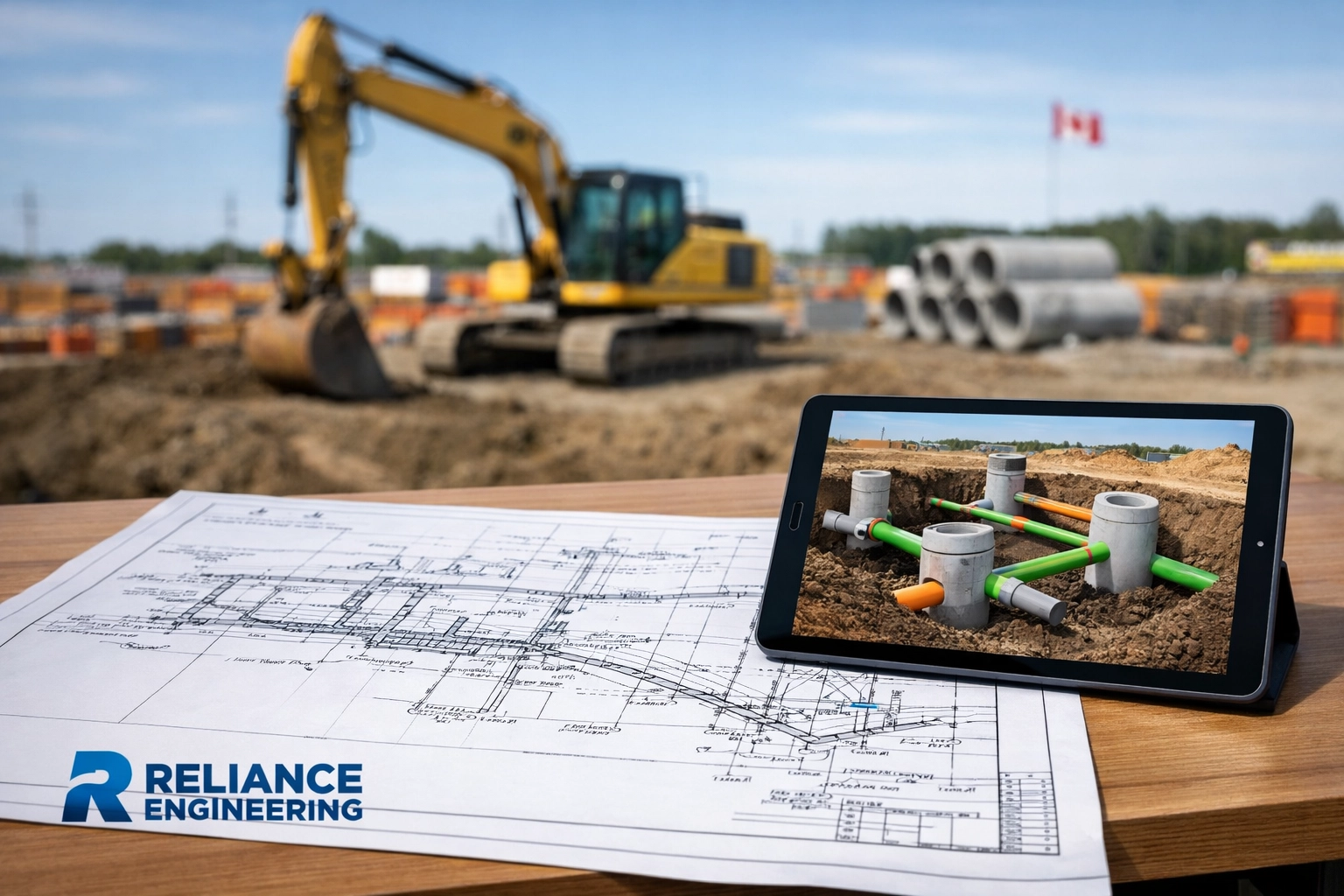 Detailed engineering blueprints for storm system design at an active Ontario construction site.