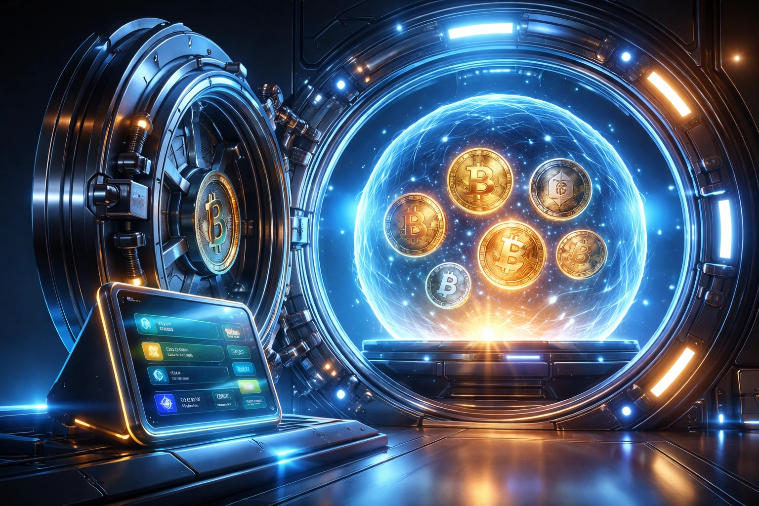 A secure digital vault showcasing cryptocurrency coins and self-custody wallet, emphasizing Larecoin's security advantage.