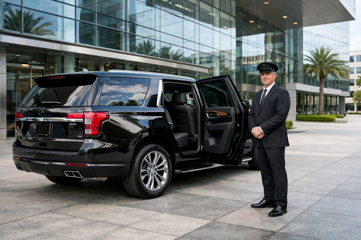 Professional chauffeur with a luxury SUV providing VIP ground transportation for Super Bowl executives.