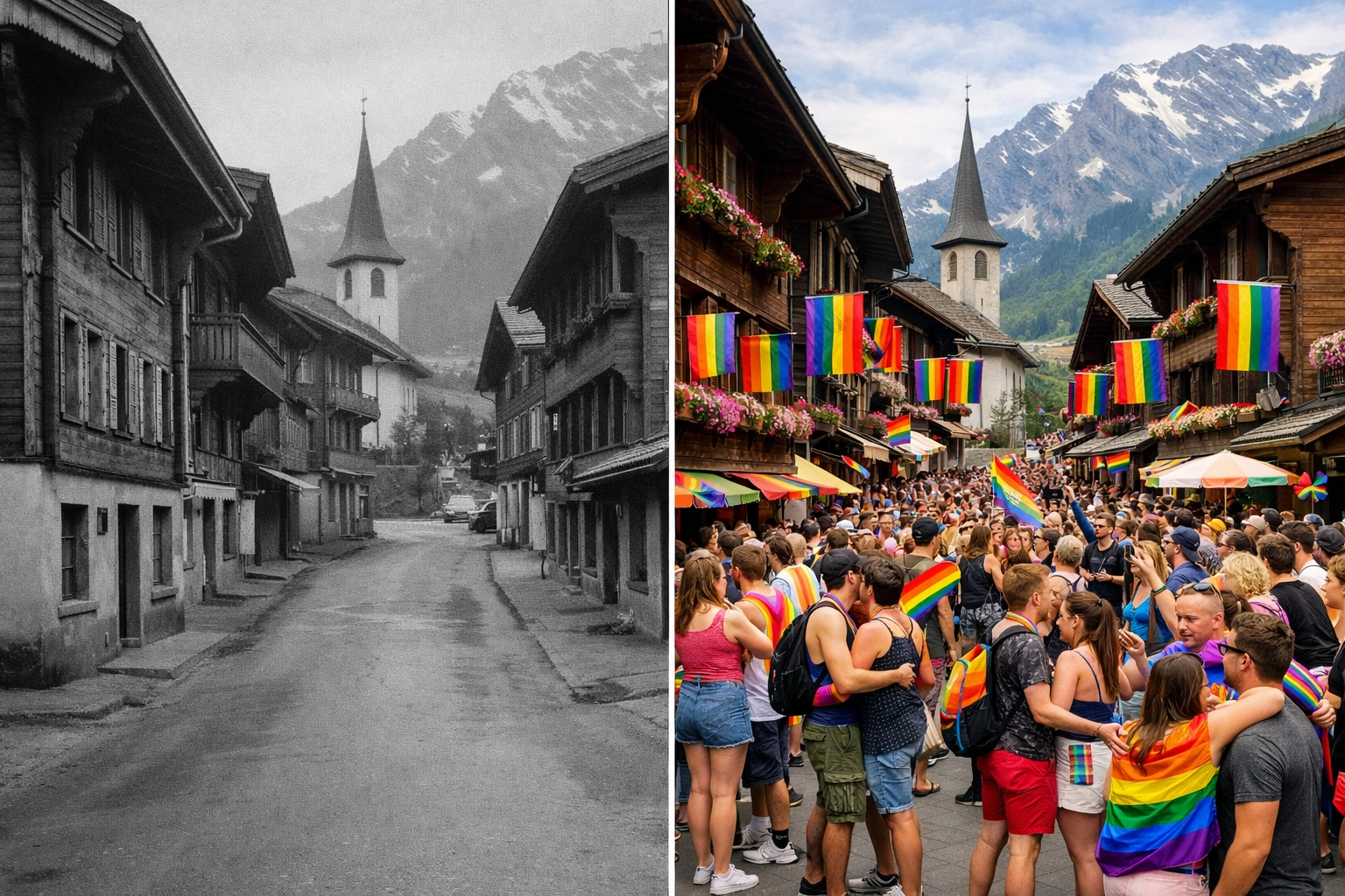 Swiss Alpine village transformation from 1960s to modern LGBTQ+ Pride celebration with rainbow flags