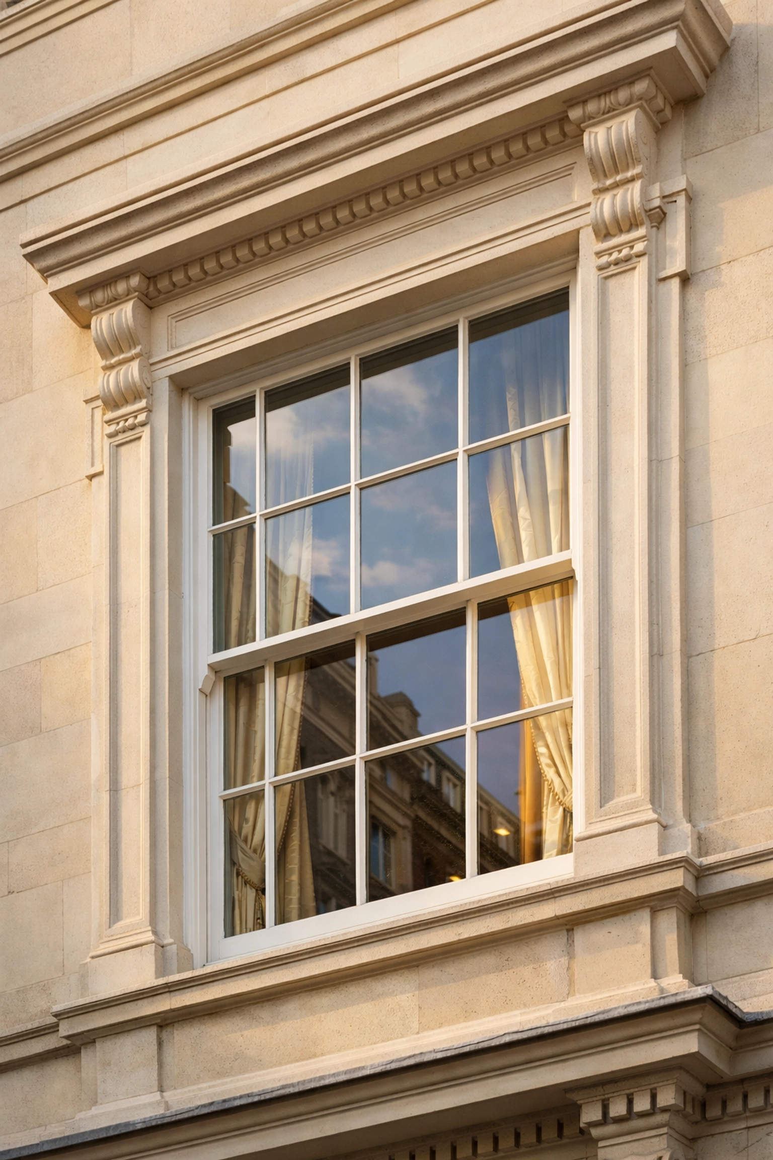 Georgian sash windows on a Mayfair townhouse showcasing heritage restoration craftsmanship