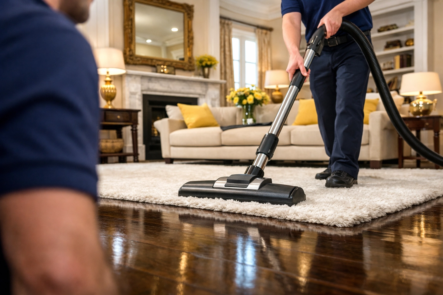Professional house cleaning services MA expert vacuuming a luxury Boston brownstone living room.