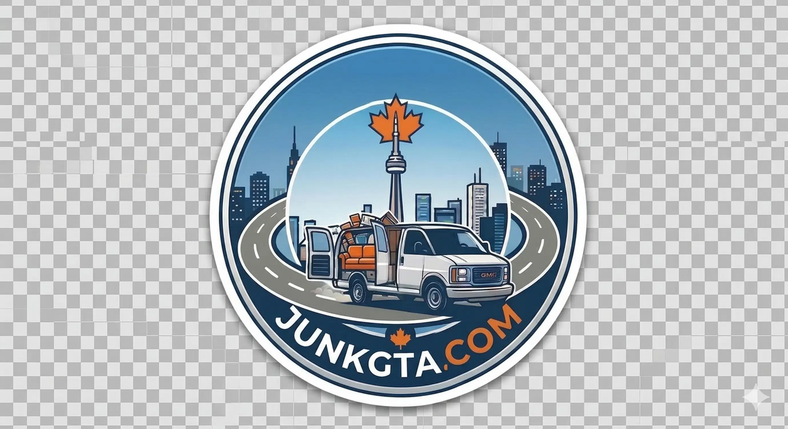 Looking for a Stress-Free Estate Cleanout in Newmarket? Here Are 10 Things You Should Know A branded cargo van filled with junk items, including a couch and boxes, parked against a stylized Toronto skyline.