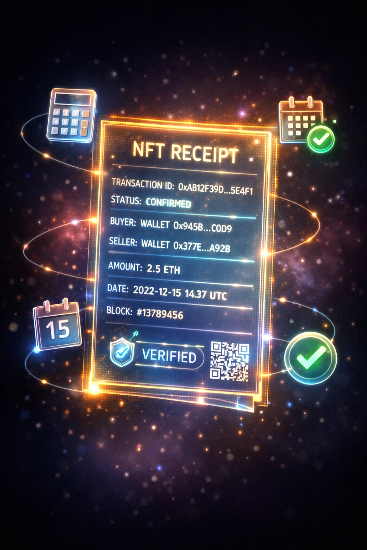 NFT blockchain receipt with transaction verification and accounting data timestamps