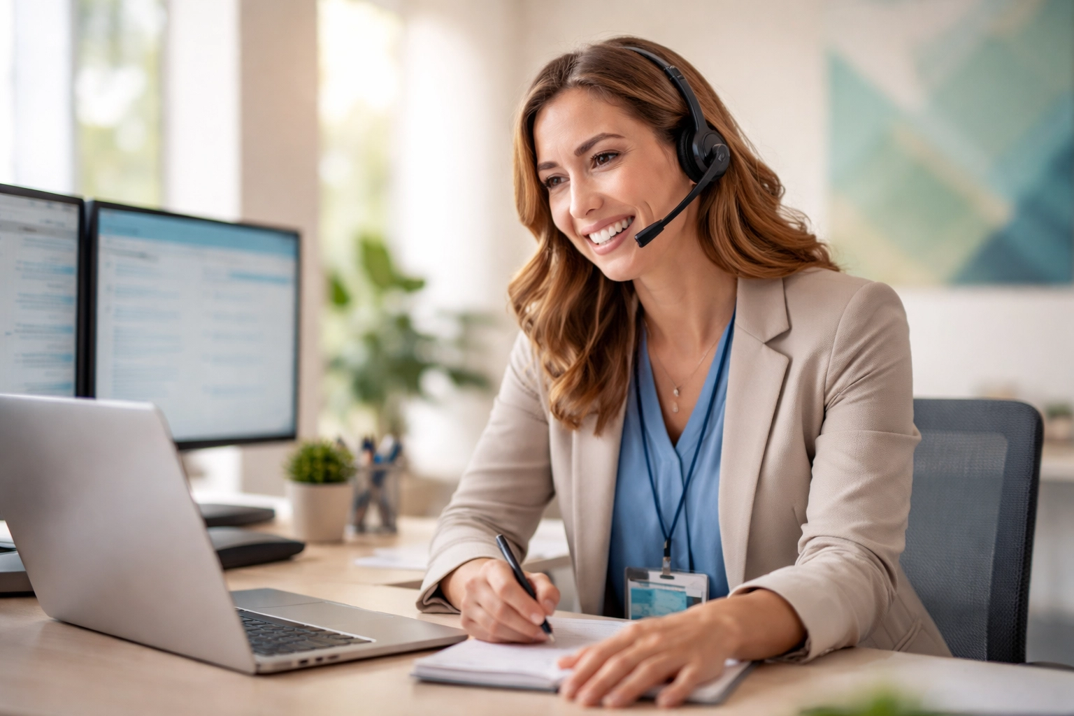 Admissions coordinator quickly responding to a call at a modern healthcare desk