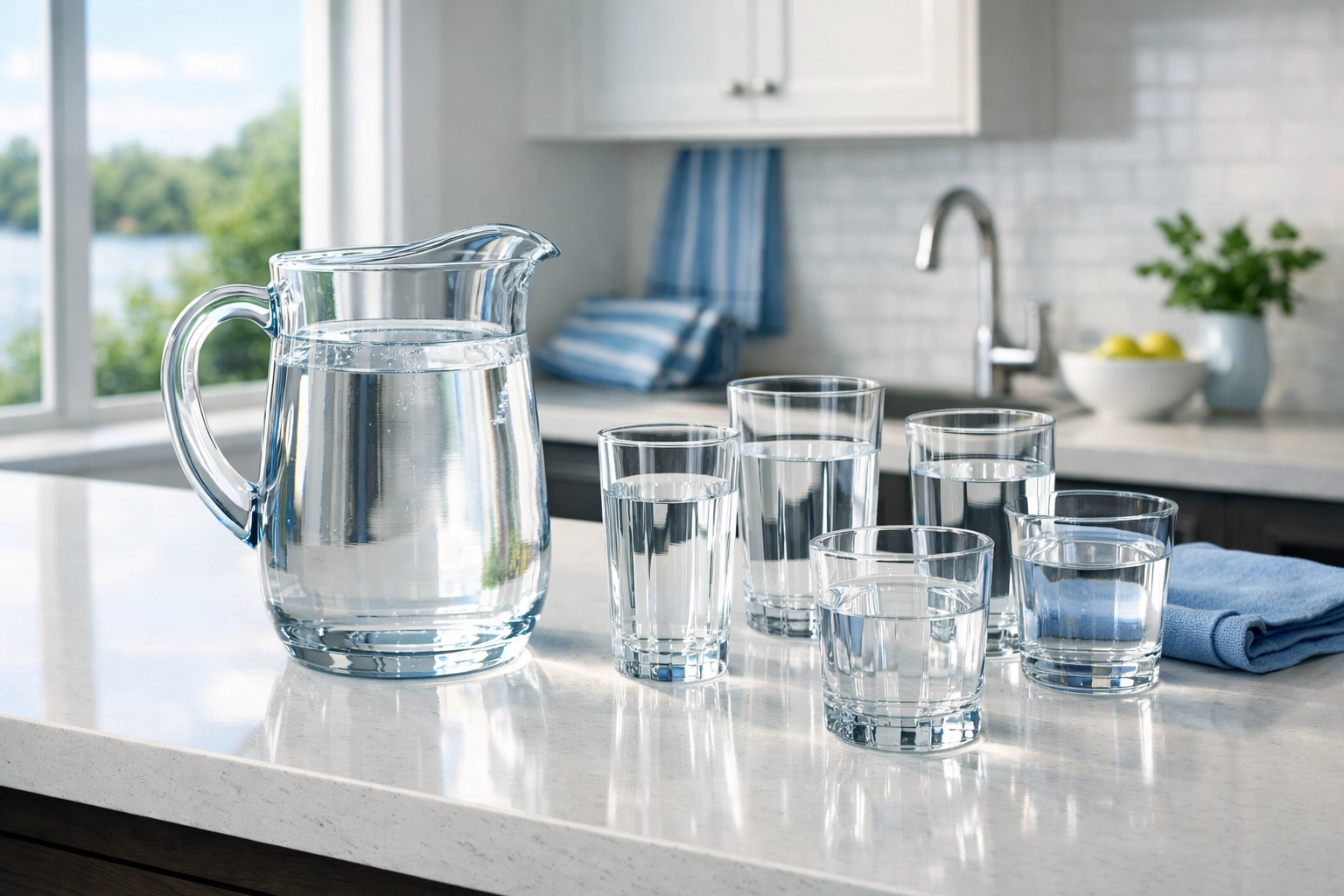 A pitcher of clean water on a Lakewood kitchen island highlighting the benefits of home filtration.