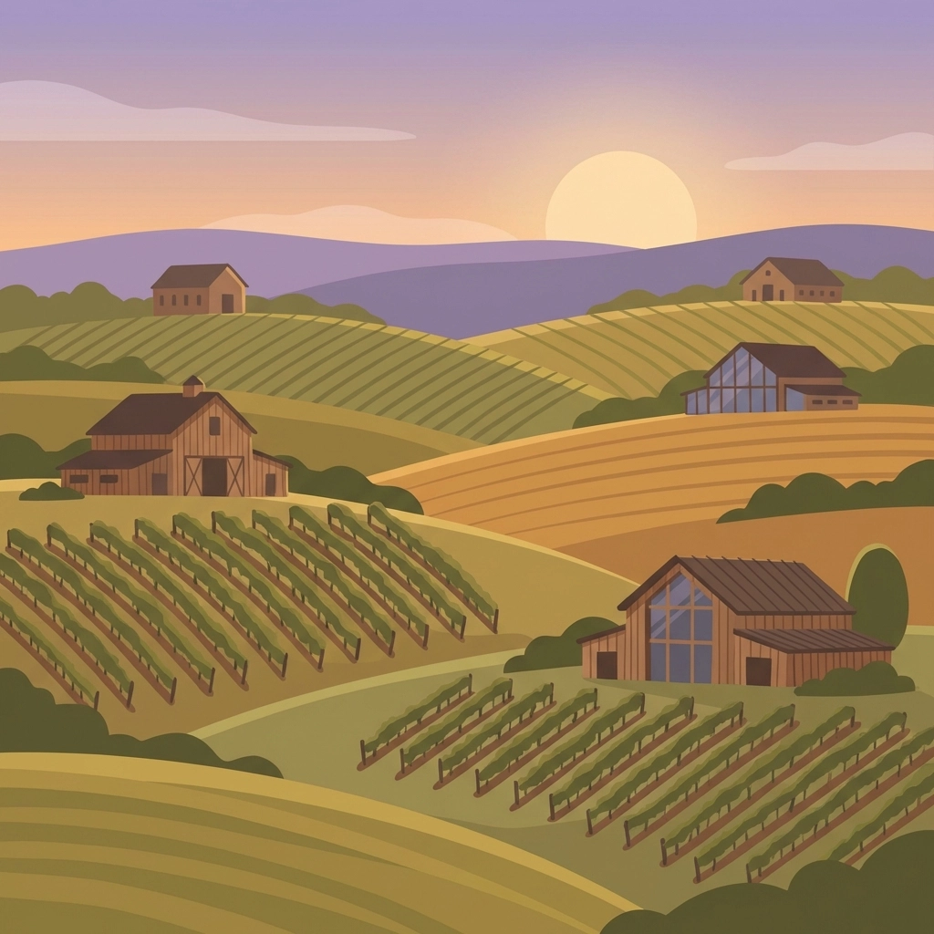 Illustrated view of Northern Virginia vineyards with rolling hills and winery buildings at sunset, ideal for wine tours.