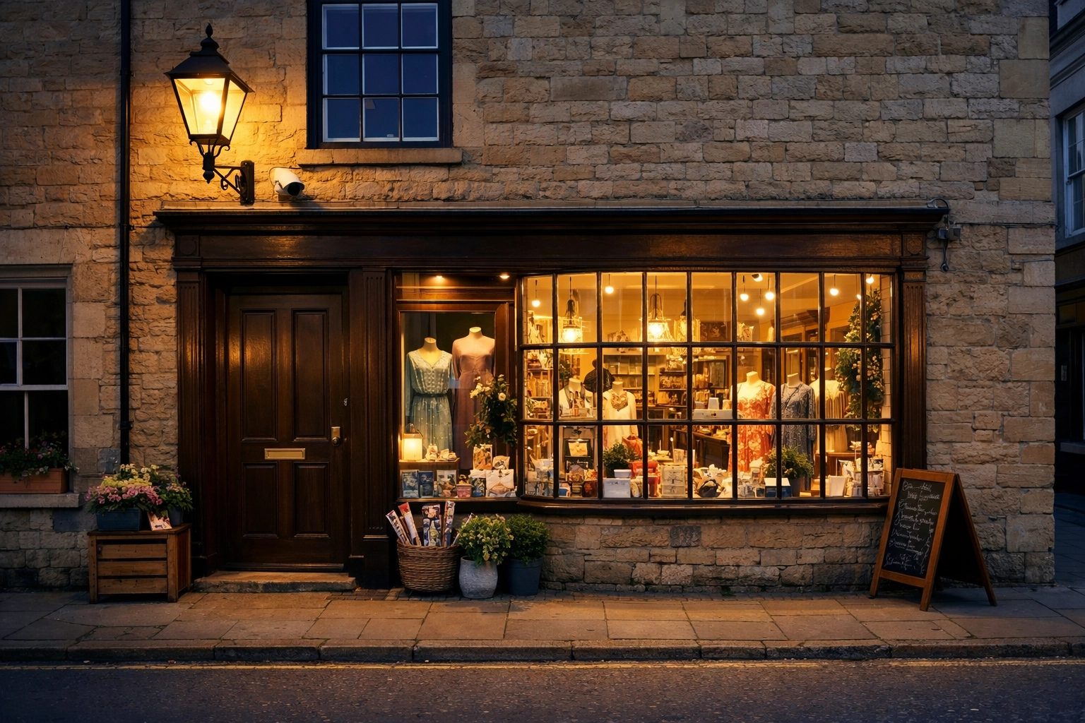 Discreet commercial security camera protecting a historic stone shopfront in Abingdon, Oxfordshire.