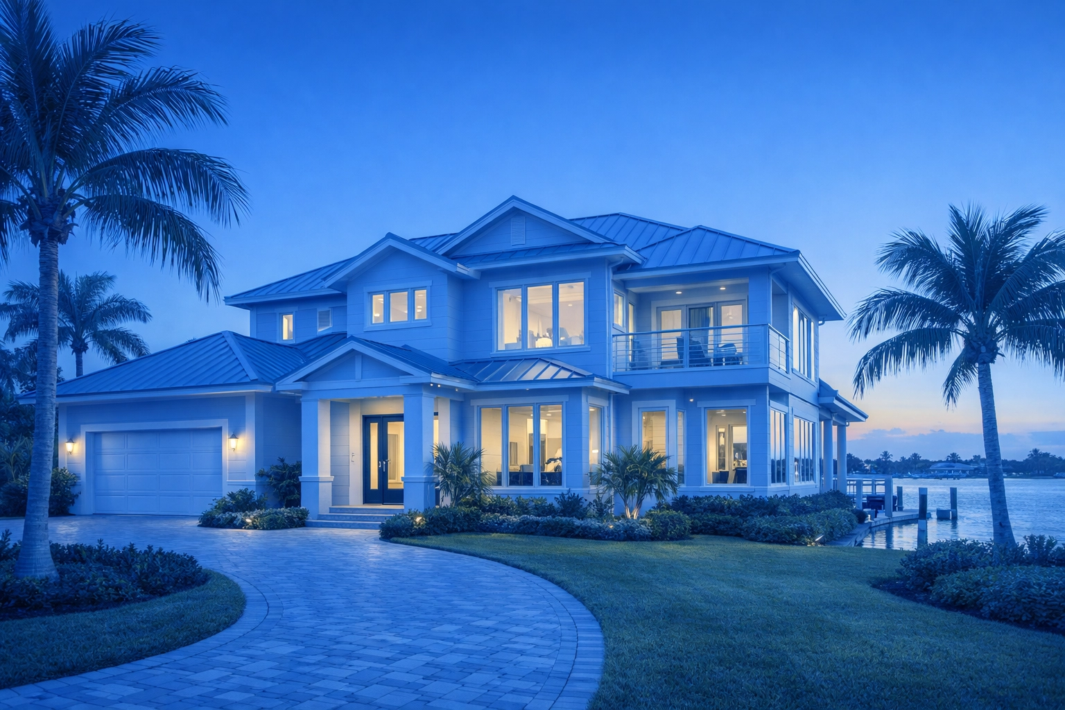 Modern Lee County waterfront home with palm trees representing valuable marital property equity