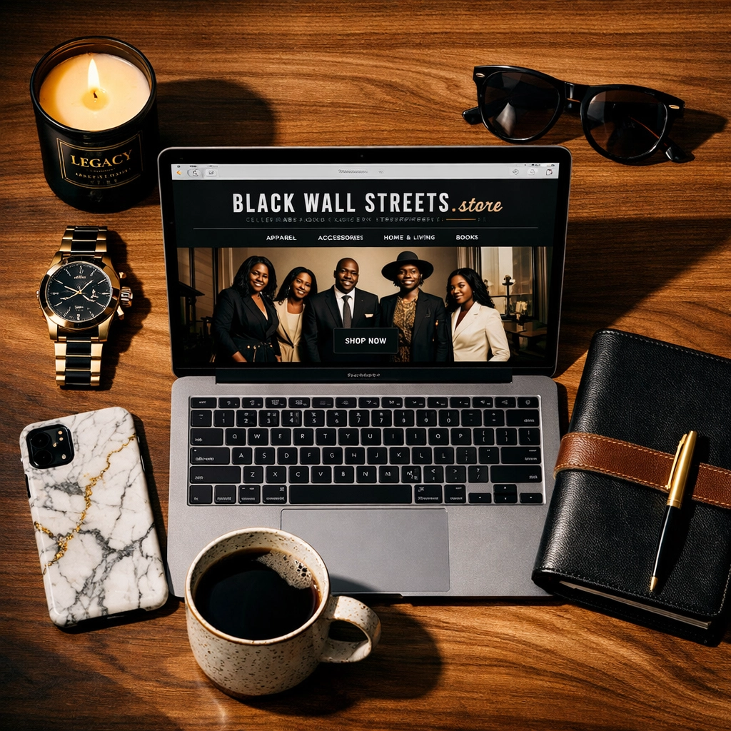 The Ultimate Guide to Buyblack: Everything You Need to Build Economic Power in 2026 Home office desk setup featuring Black-owned products and laptop displaying blackwallstreets.store website