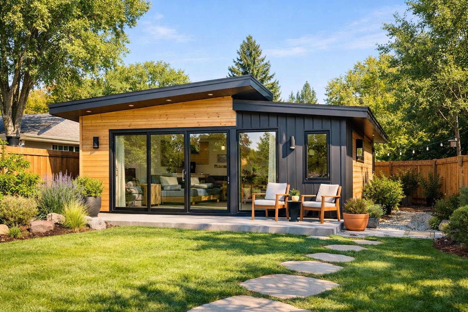 Modern accessory dwelling unit in a Boise backyard, highlighting the city's new free ADU plan library. Modern accessory dwelling unit in a Boise backyard, highlighting the city's new free ADU plan library.