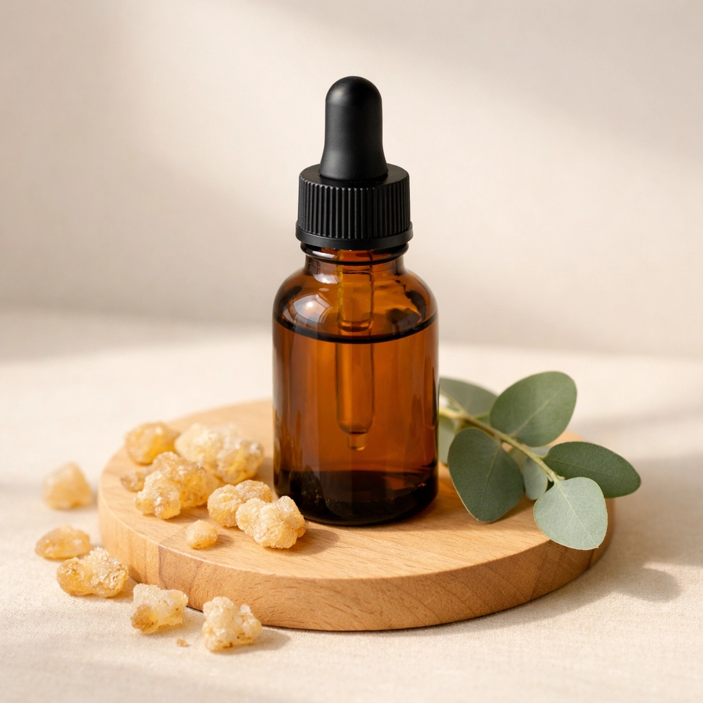 Amber dropper bottle of frankincense essential oil with resin for natural skincare products