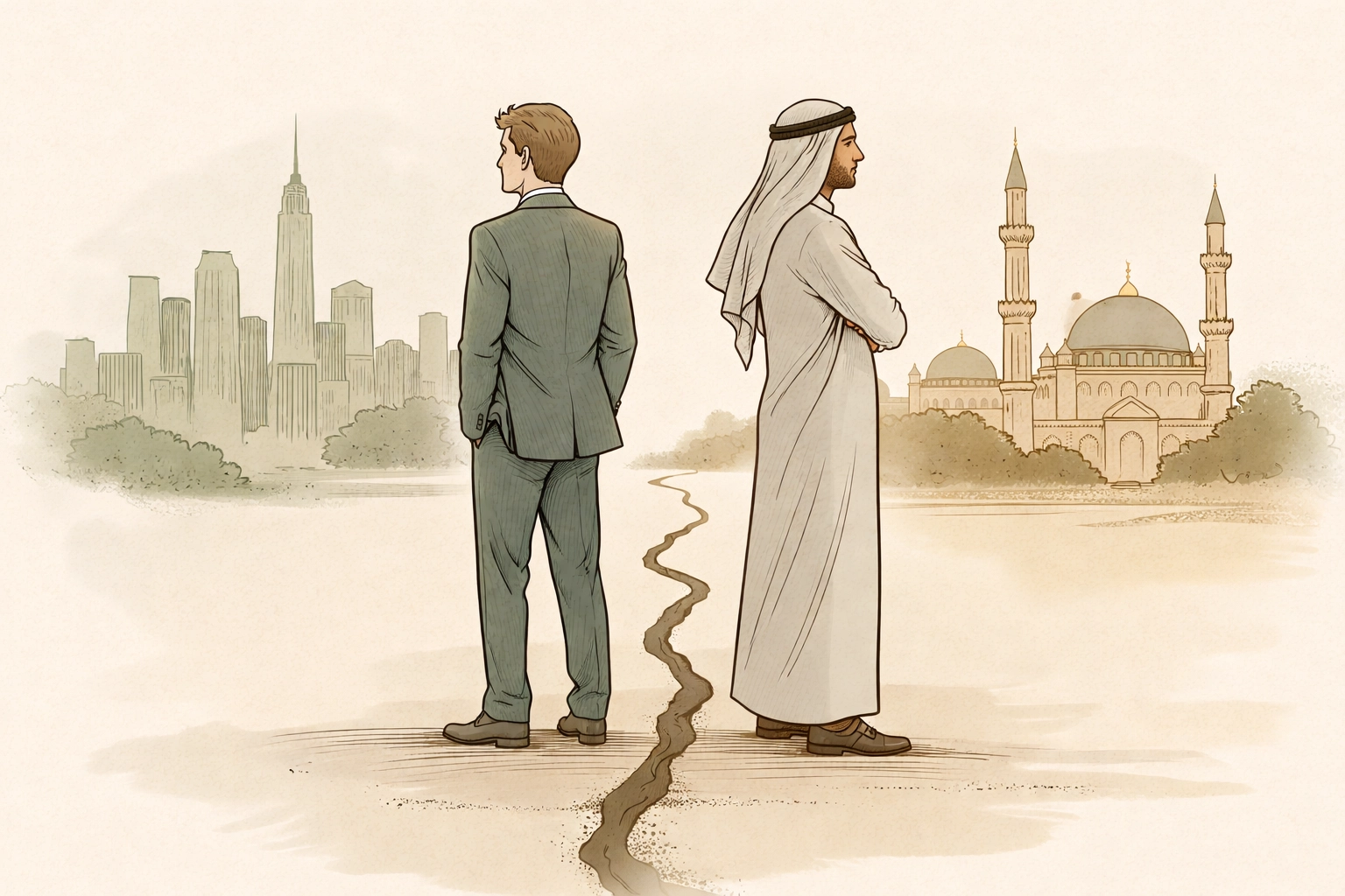 Two men stand back-to-back between city and mosque skylines, highlighting cultural tension in The Valentine's Villa gay fiction.