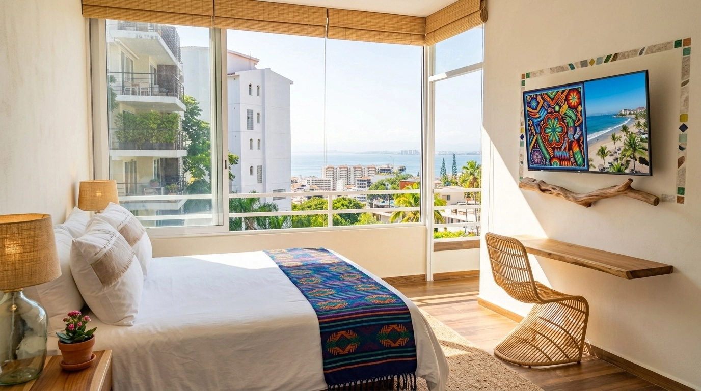 A bright, modern bedroom in a Puerto Vallarta condo.