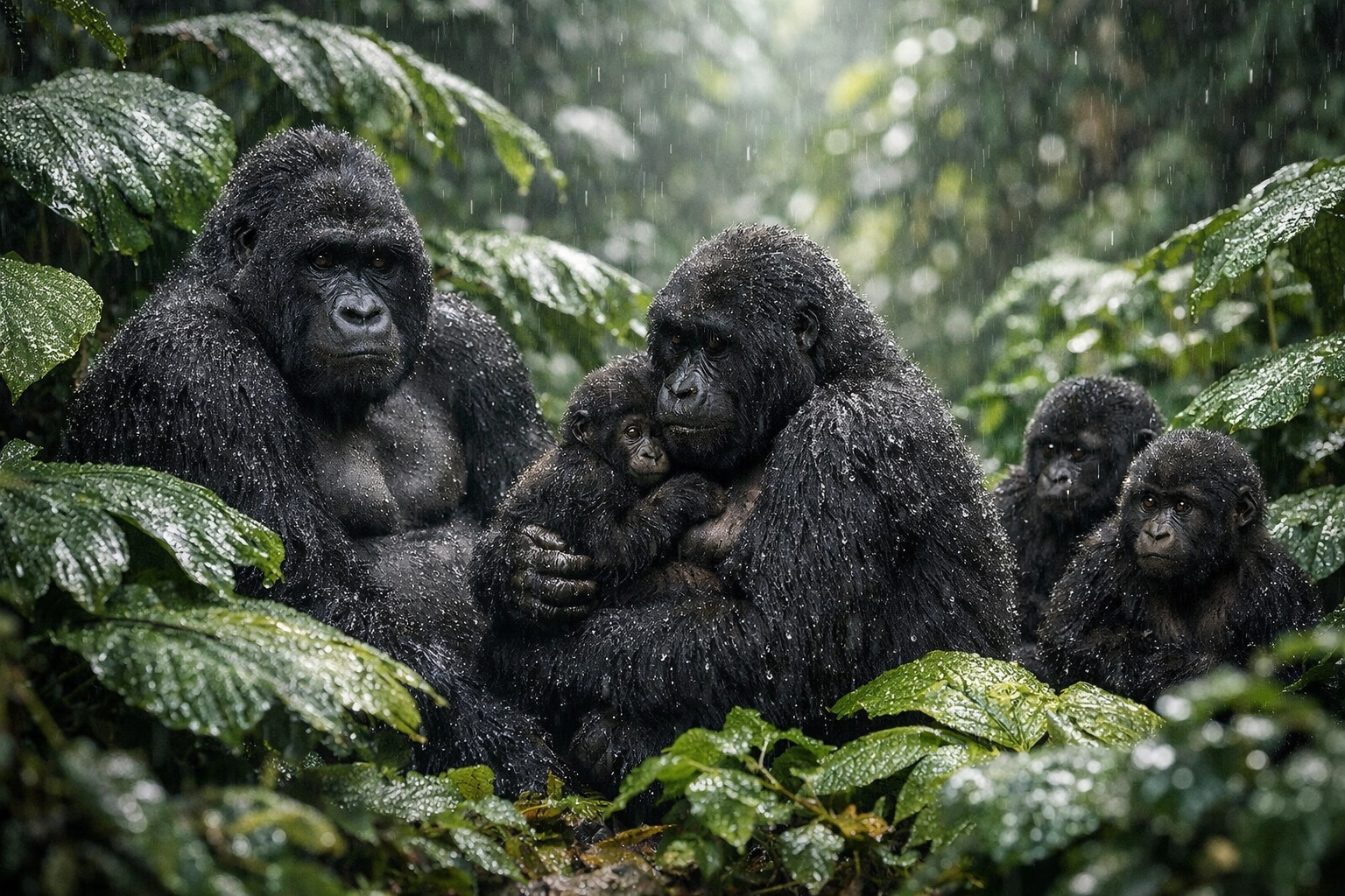 Best time to visit Uganda for gorilla trekking - mountain gorilla family in Bwindi during Uganda's rainy season