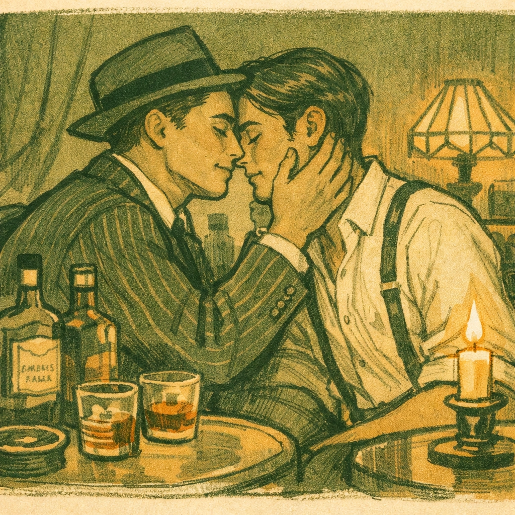 Intimate moment between two men in 1920s speakeasy - gay romance prohibition era New York
