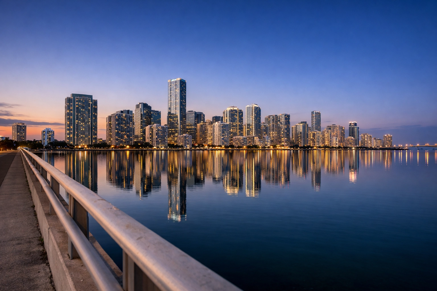 Downtown Miami skyline at blue hour, captured from the Rickenbacker Causeway photography location.