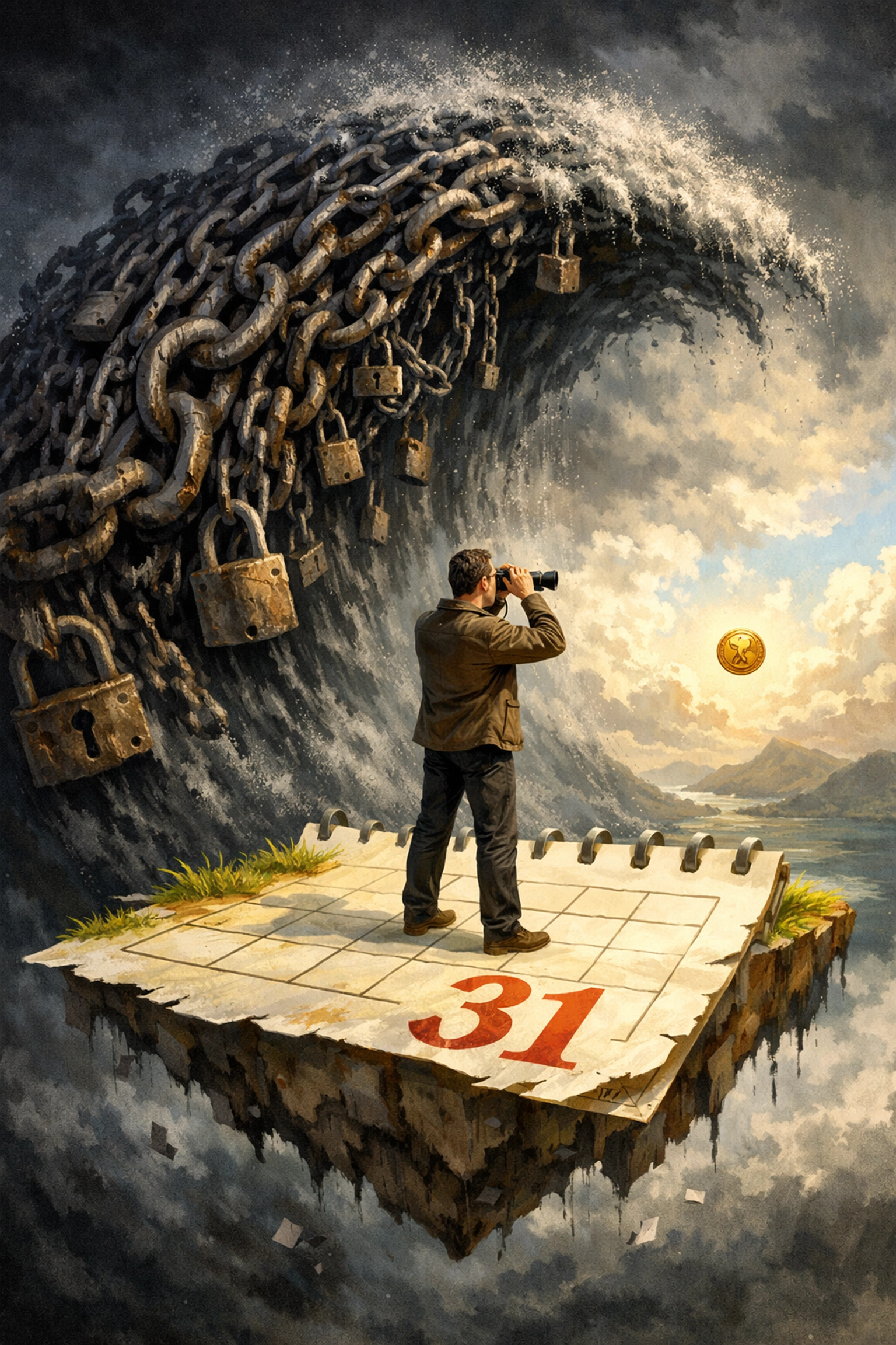 Man focused on a small payment as a debt wave looms, symbolizing the monthly payment trap