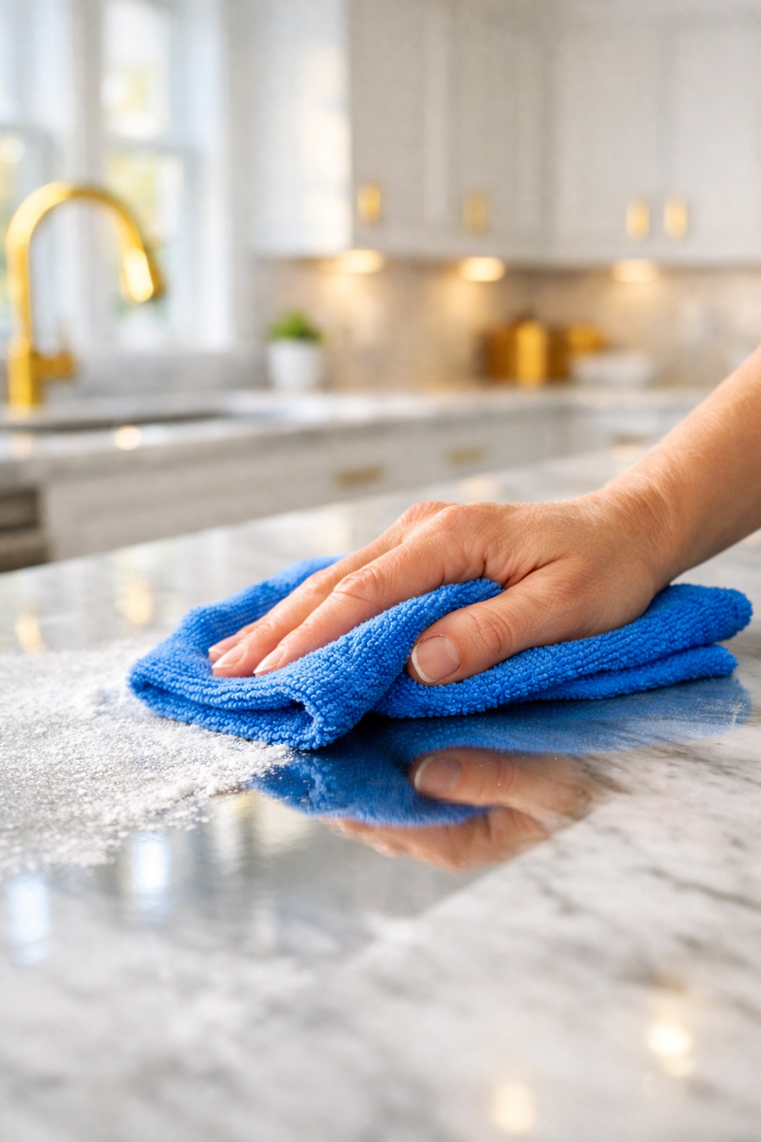 Hand wiping white drywall dust off a polished marble kitchen island during a post-construction cleaning in Natick.