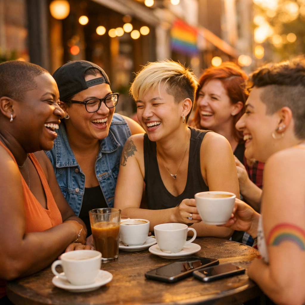 Diverse LGBTQ+ friends meeting at café for local queer community connection