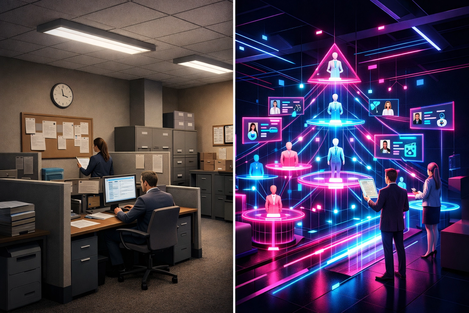 Traditional office evolving into AI-powered talent pipeline with career readiness tracking