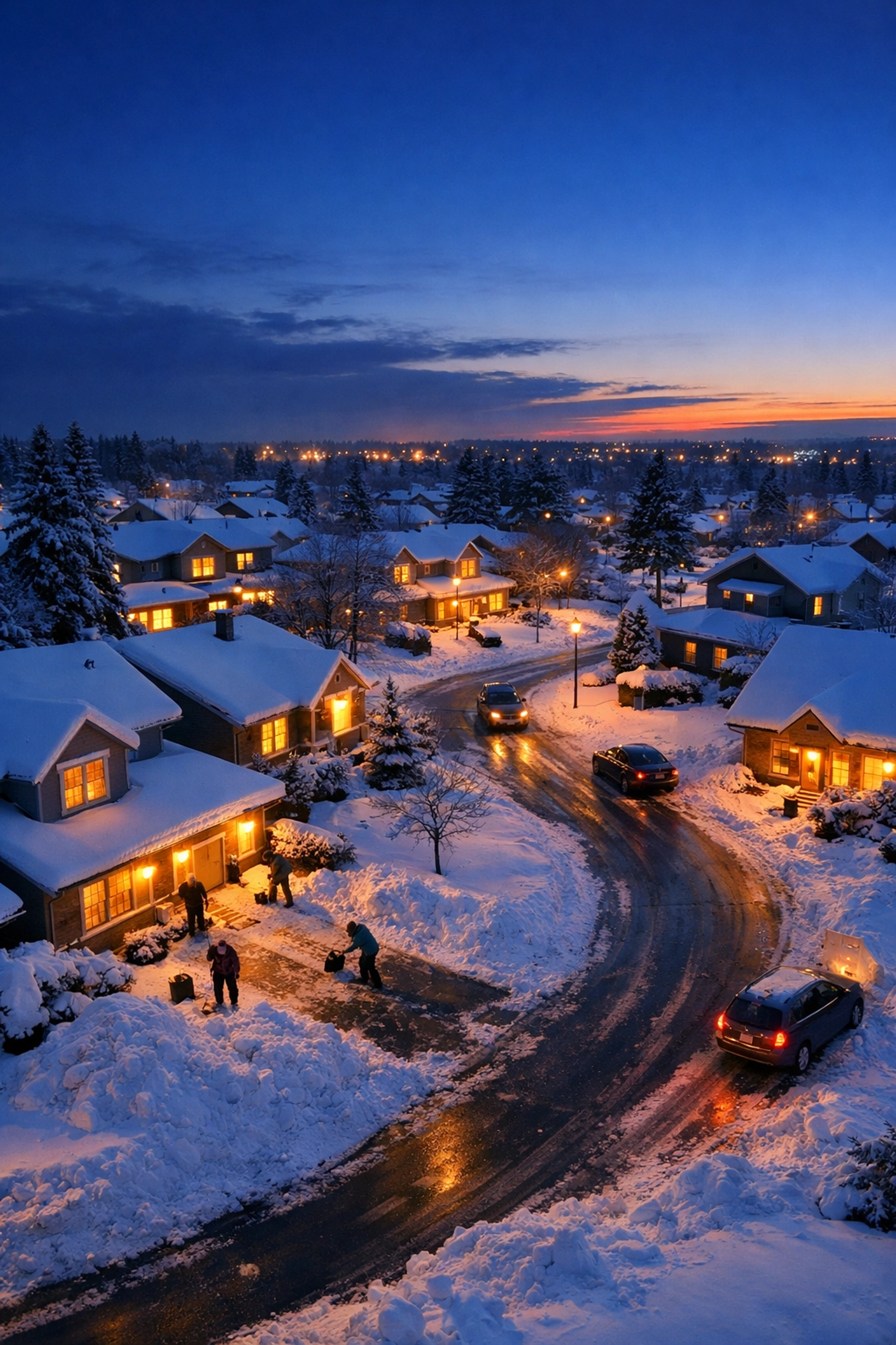 Snow-covered neighborhood at dusk with neighbors helping each other during winter storm