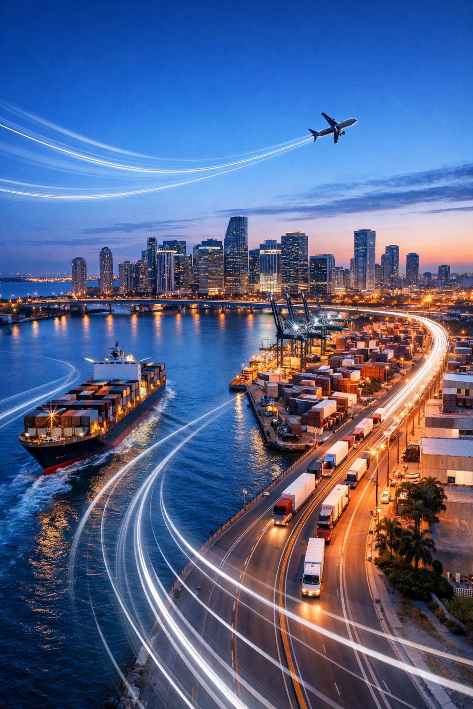 Aerial view of Miami skyline and PortMiami hub for streamlined air and sea logistics Miami FL.