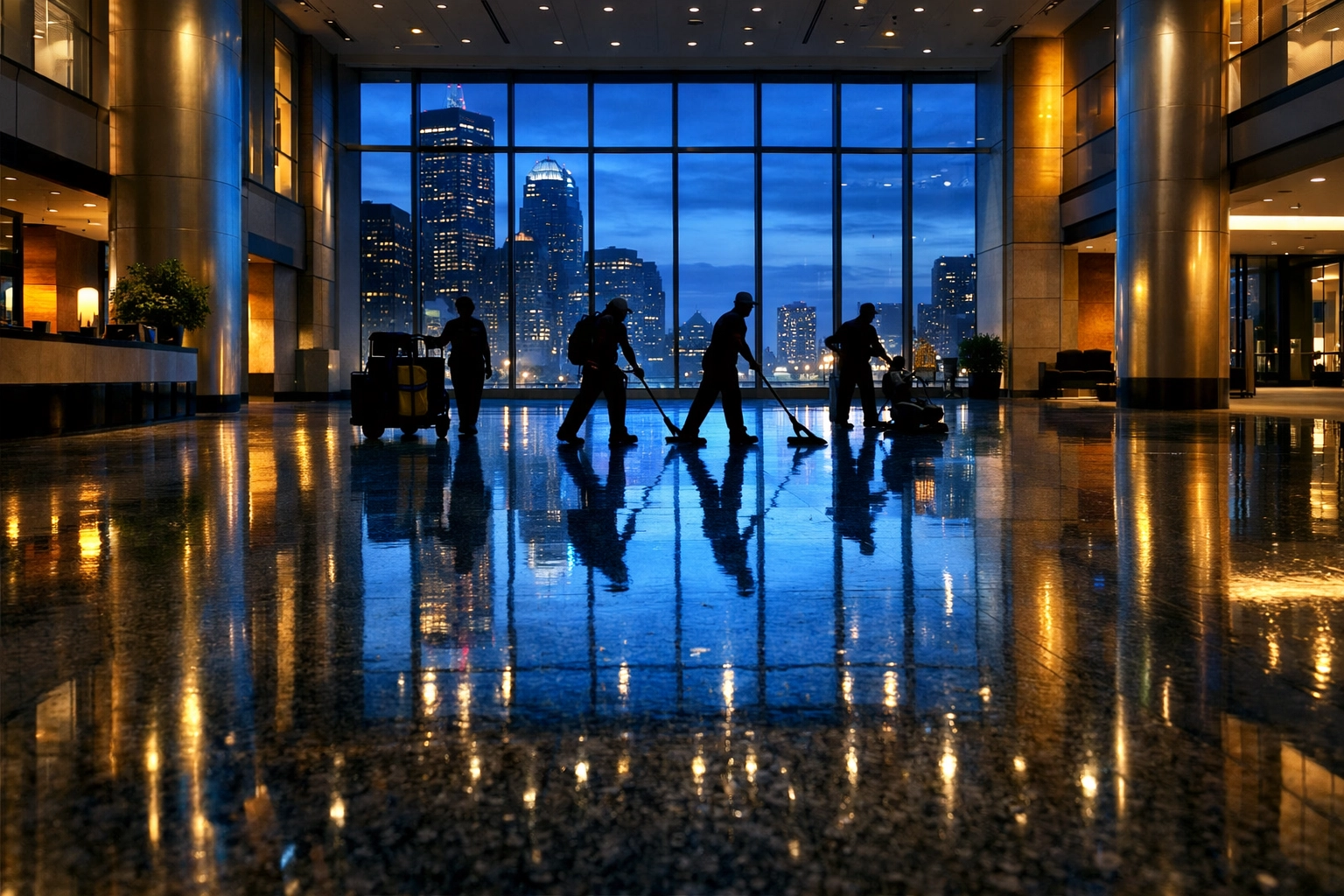 Professional janitorial team cleaning a high-traffic Boston lobby for the best cleaning services near me.