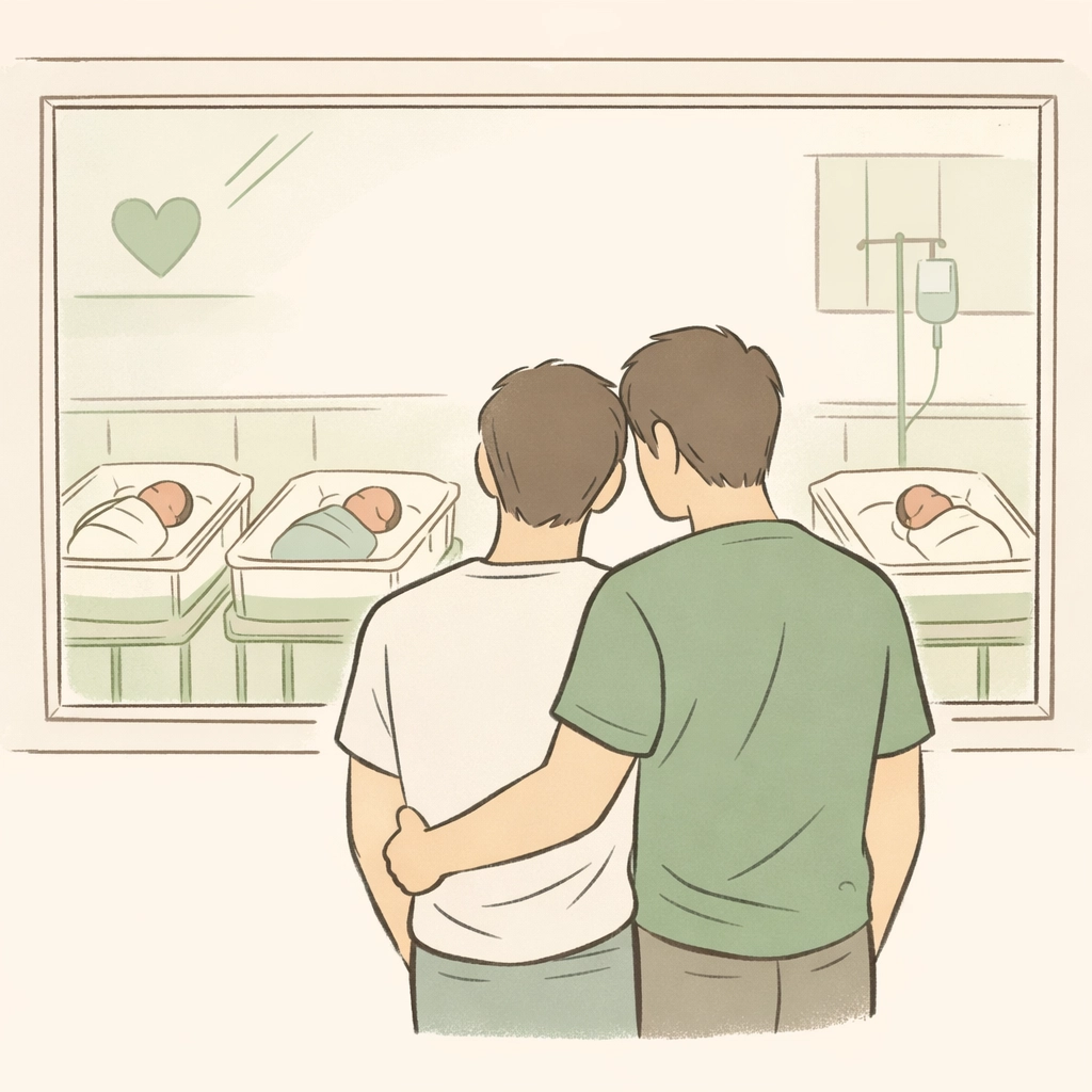 Two men at hospital nursery window, soon-to-be fathers viewing newborns through surrogacy