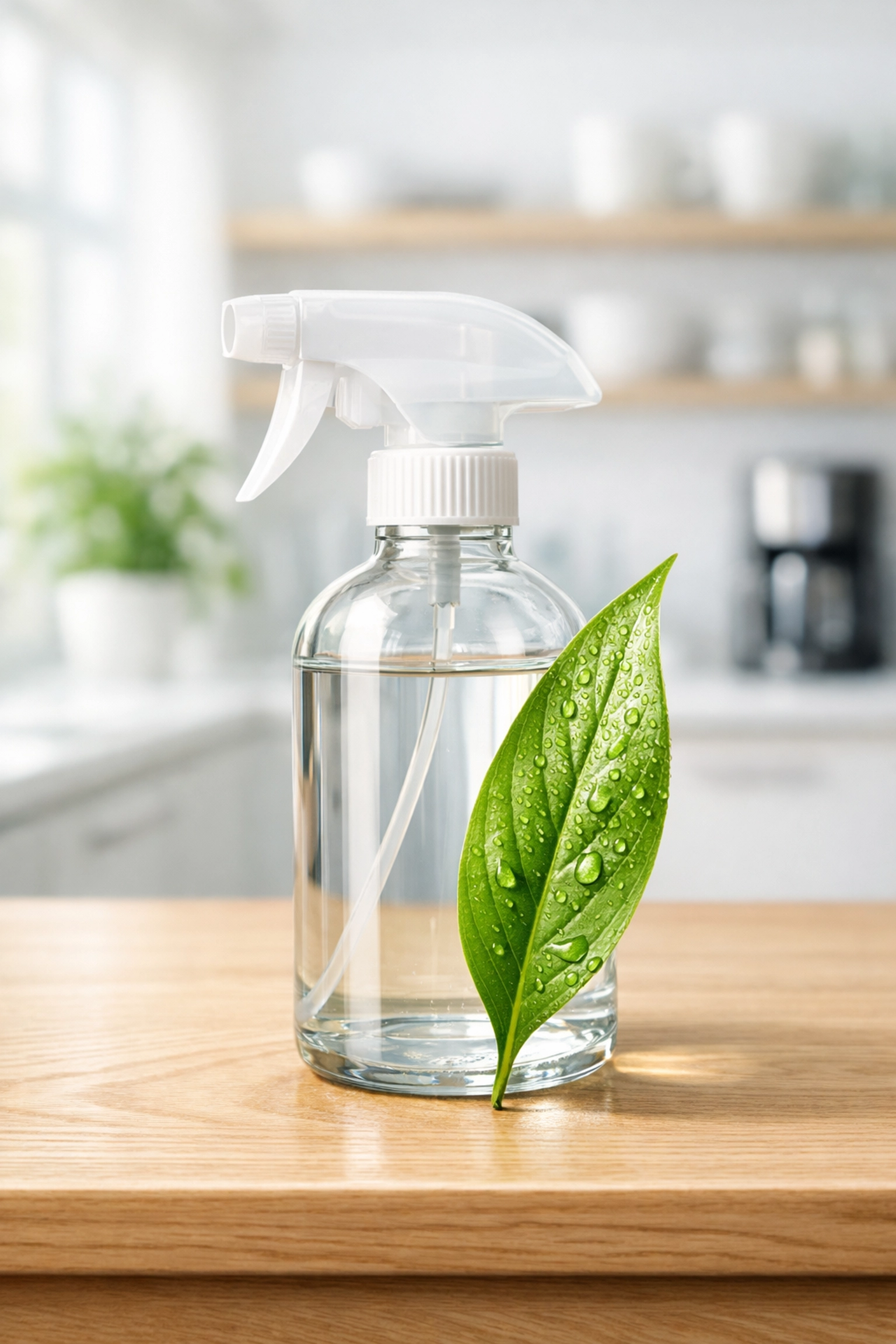 Eco-friendly cleaning supplies and green leaf symbolizing healthy office sanitation in Needham.