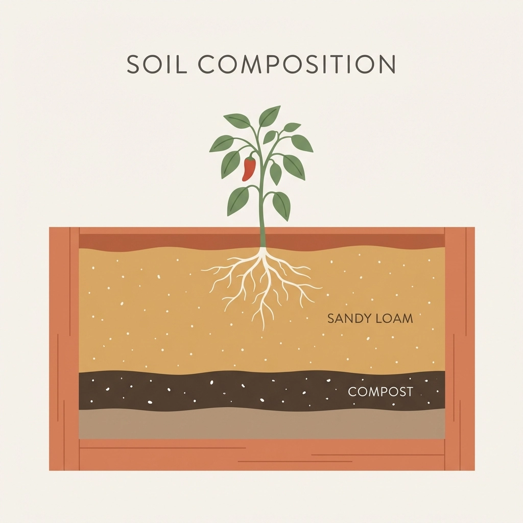 Cross-section illustration of raised bed soil layers for growing healthy pepper plants with strong roots.