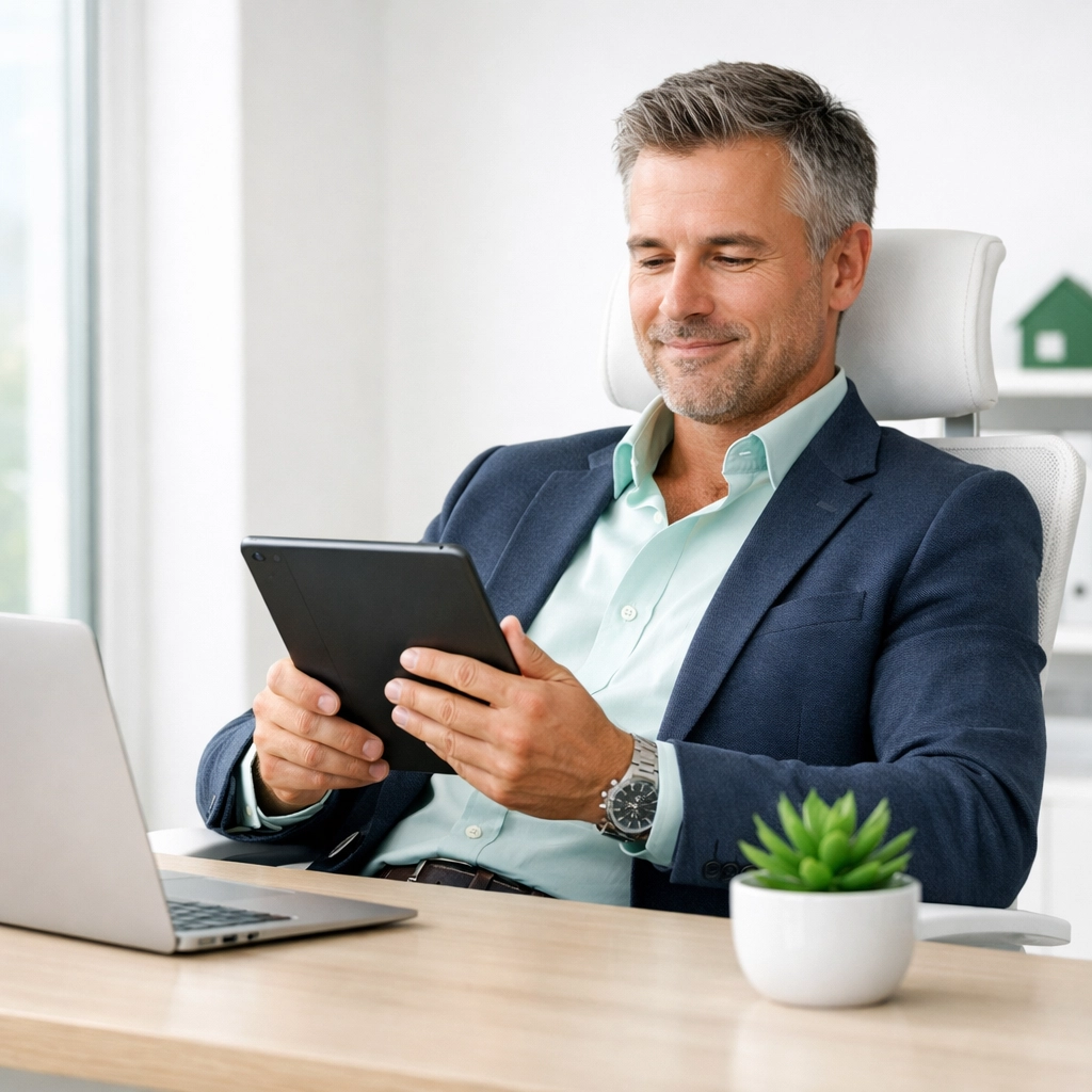 A relaxed real estate investor in a modern office managing their 15-month hard money loan timeline.